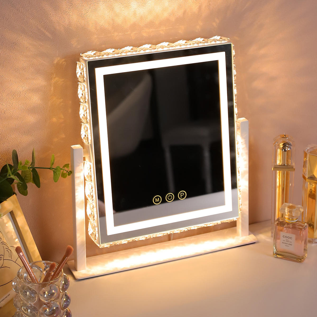 SCHMINKSPIEGEL mit LED Lichtleiste, rundum mit Strasssteinen besetzt, weiß, 25/30 cm - Weiß, Metall (25/30/3cm) - VANITII