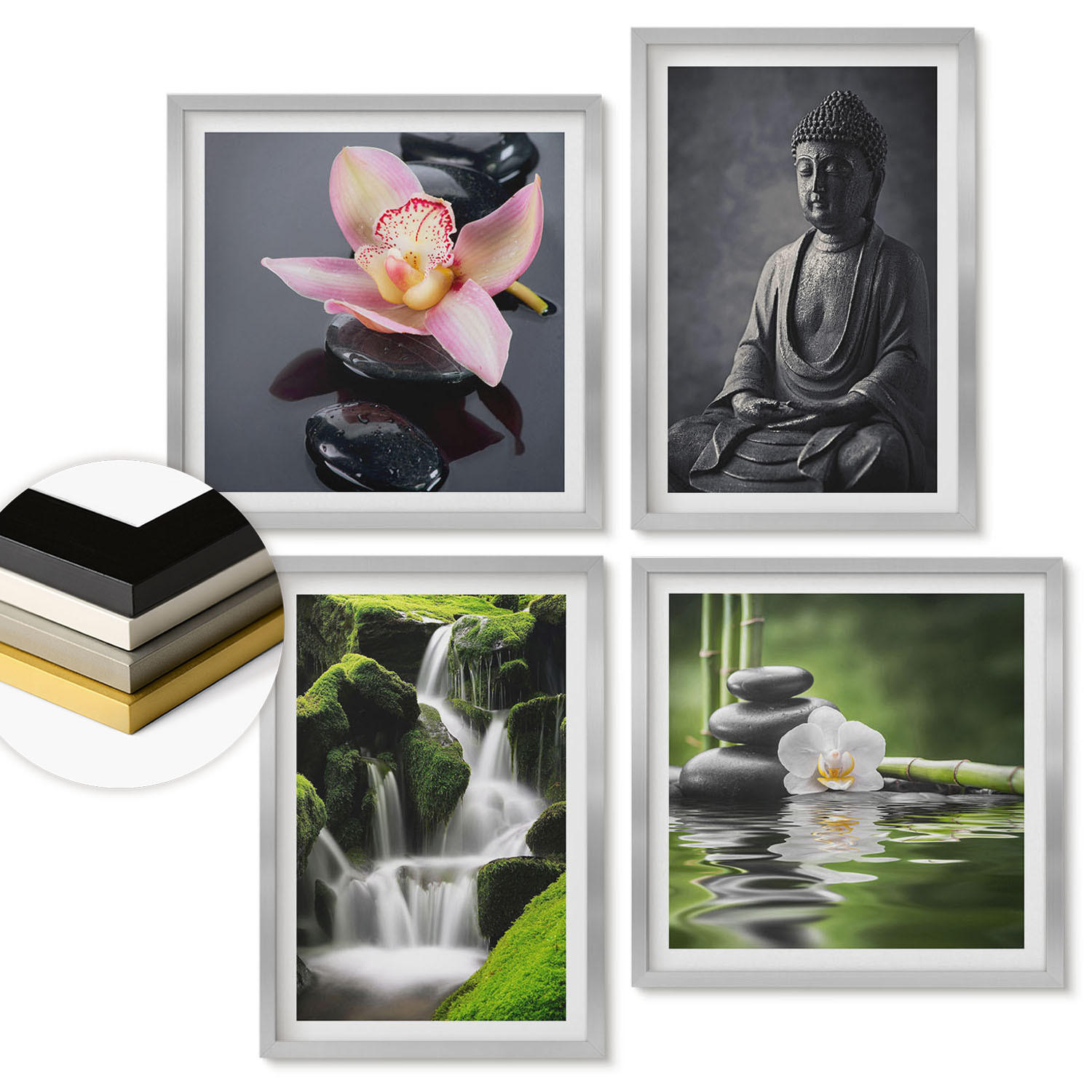 WANDBILDER 4er Set - 50x50 cm & 40x60 cm Silberner Rahmen - Zen-Gemälde, Wassersteine, Buddha - Silberfarben, Kunststoff (50/50cm) - ArtPrintCave