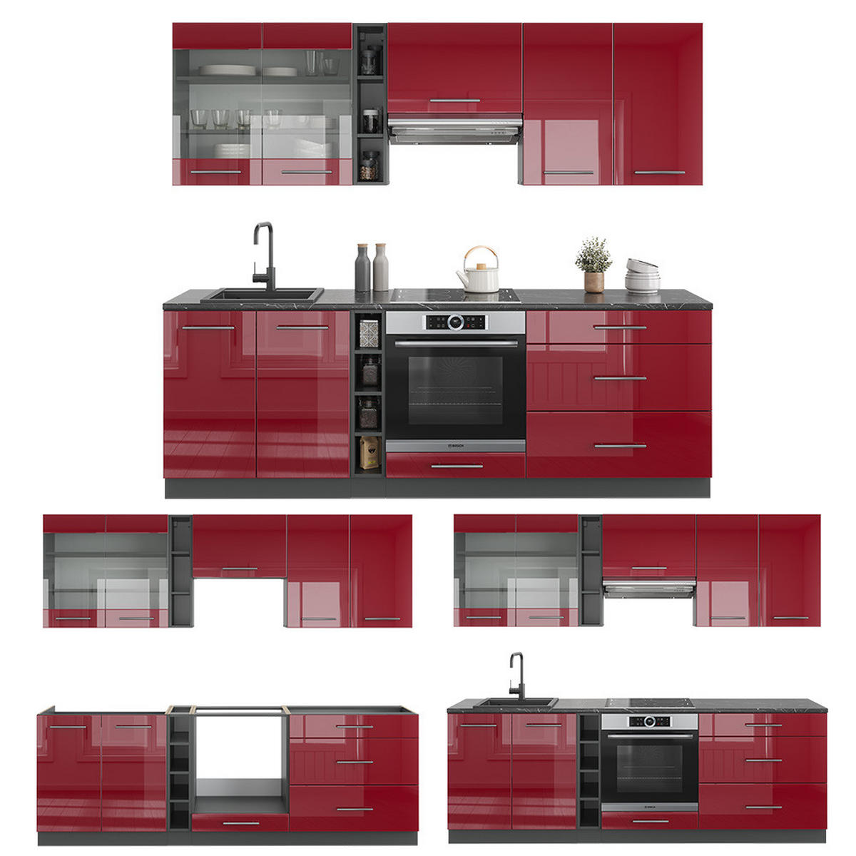 KÜCHENZEILE Fame-Line Bordeaux Hochglanz/Anthrazit 235 cm ohne AP - Bordeaux/Anthrazit, Holzwerkstoff (235/81.6/46cm) - Vicco