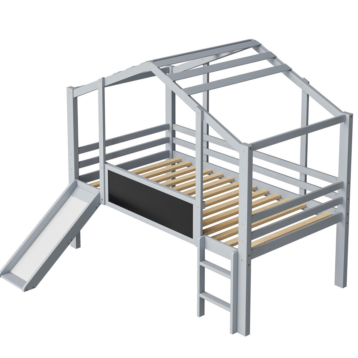 KINDERHOCHBETT Hausstil 90/200 cm, Grau mit Rutsche und Tafel - Grau, Holz (90/200cm) - MIVRAY