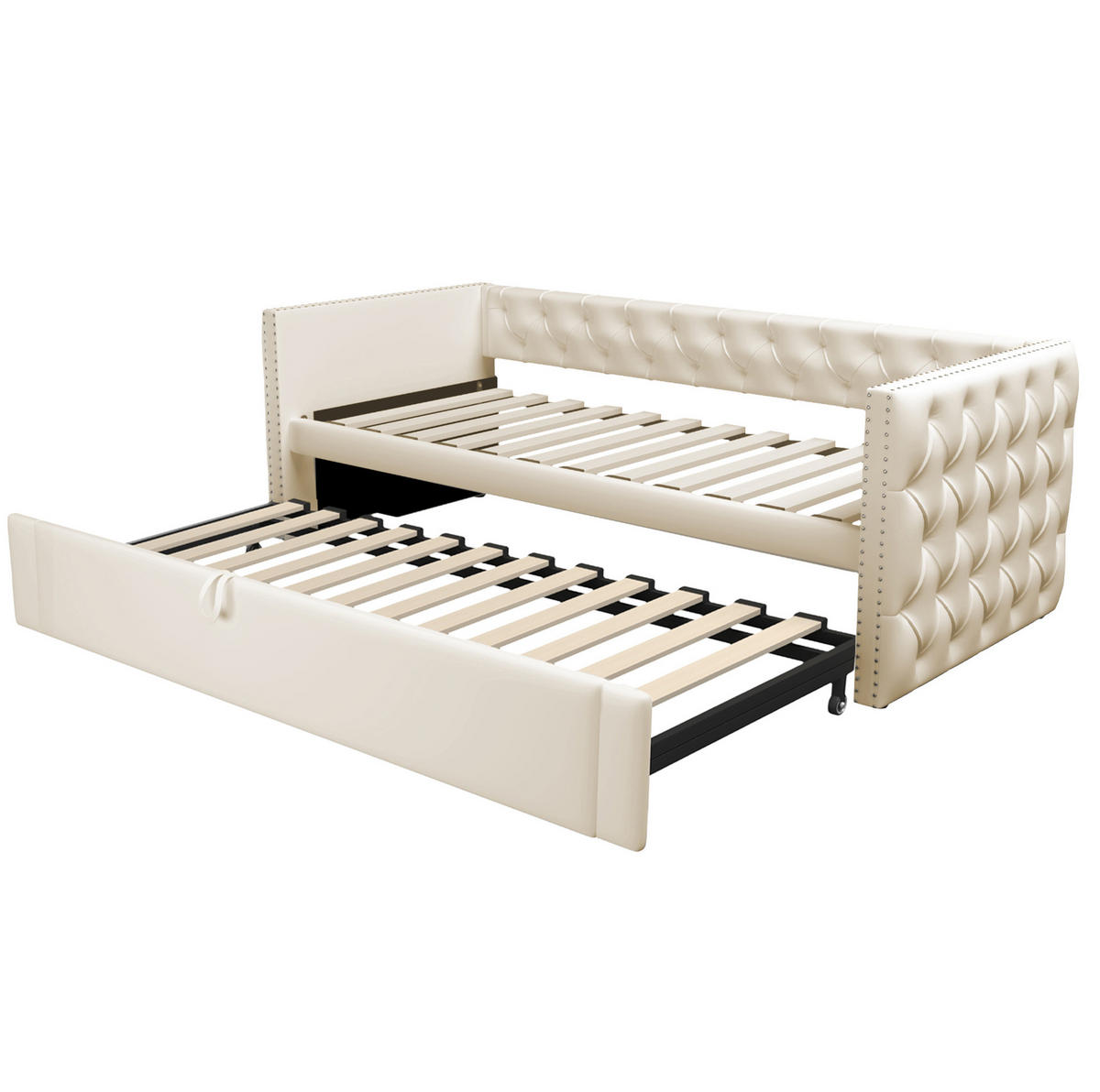 SAMT-POLSTERBETT 90/200 cm Beige inkl. Lattenrost, ausziehbar als Schlafsofa - Beige, Textil (90/200cm) - BEAOK