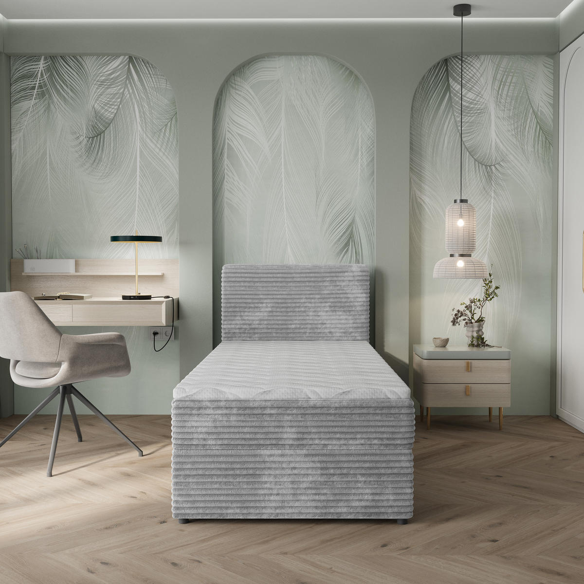 BOXBETT PISA 90 90x200 cm mit Matratze und Topper, H2+H3 - Hellgrau - Hellgrau, Holz (90/200cm) - MASSENO