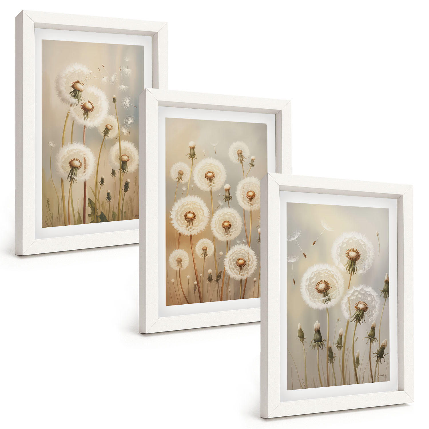 BILDER SET 3er Set - 20x30 cm Weißer Rahmen - Weiße Löwenzahnblüten auf hellem Hintergrund - Weiß, Kunststoff (20/30cm) - TULUP