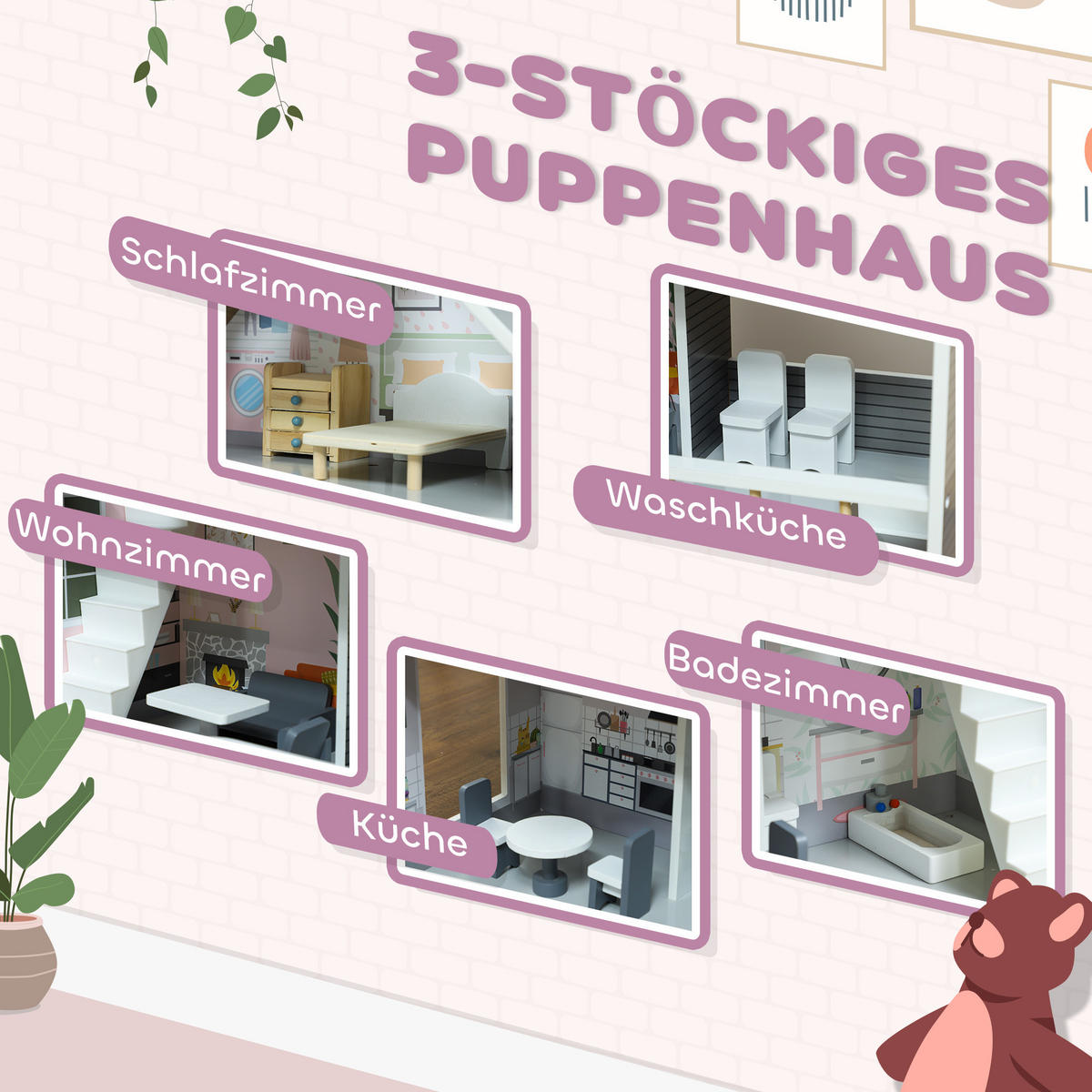 PUPPENHAUS - Grau, Holzwerkstoff (29.1/85.3/53.5cm) - AIYAPLAY