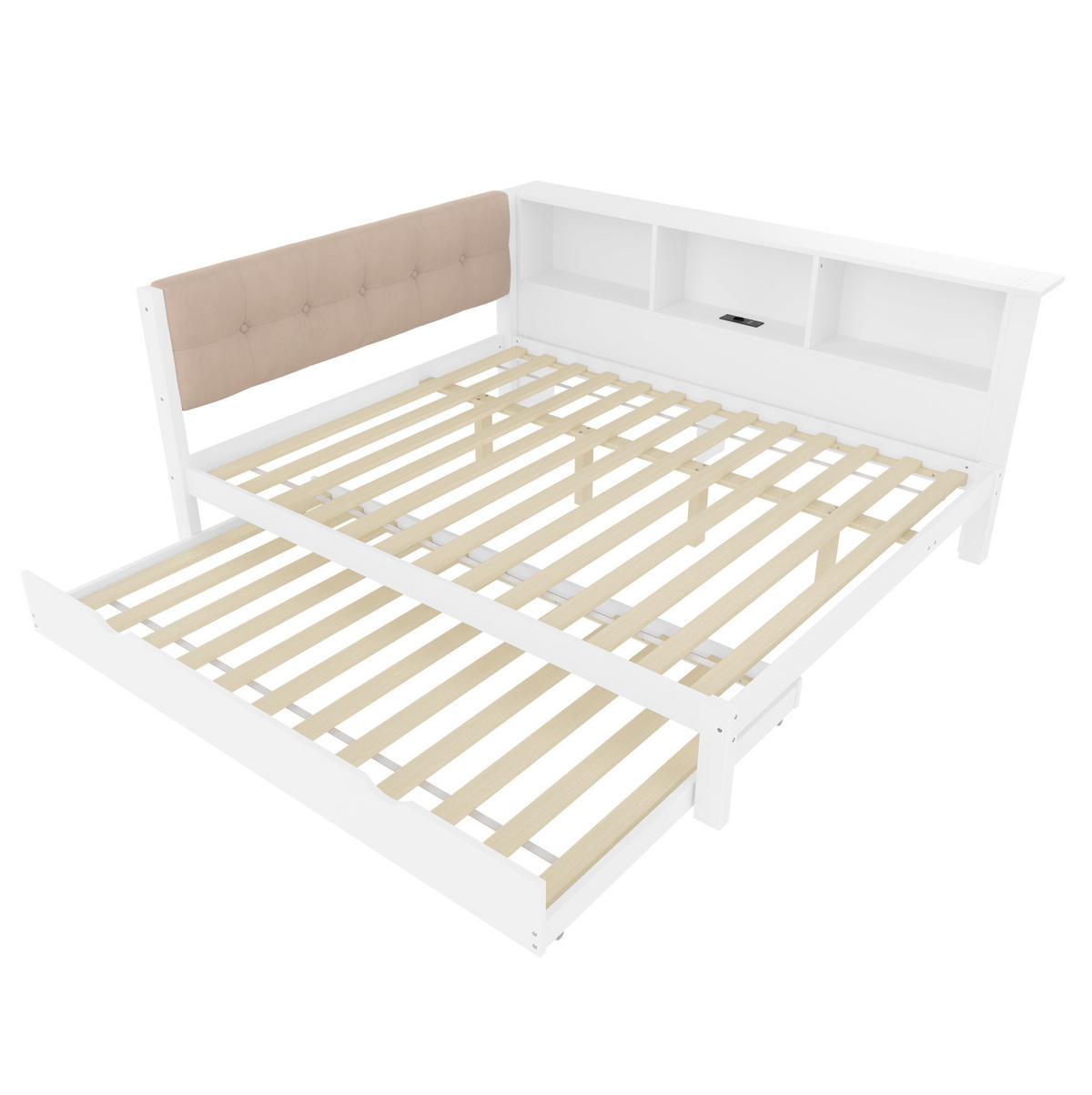 KINDERBETT 140/200 cm in Weiß mit Rollbett, Regal und LED-Beleuchtung - Weiß, Holz (140/200cm) - BEAOK