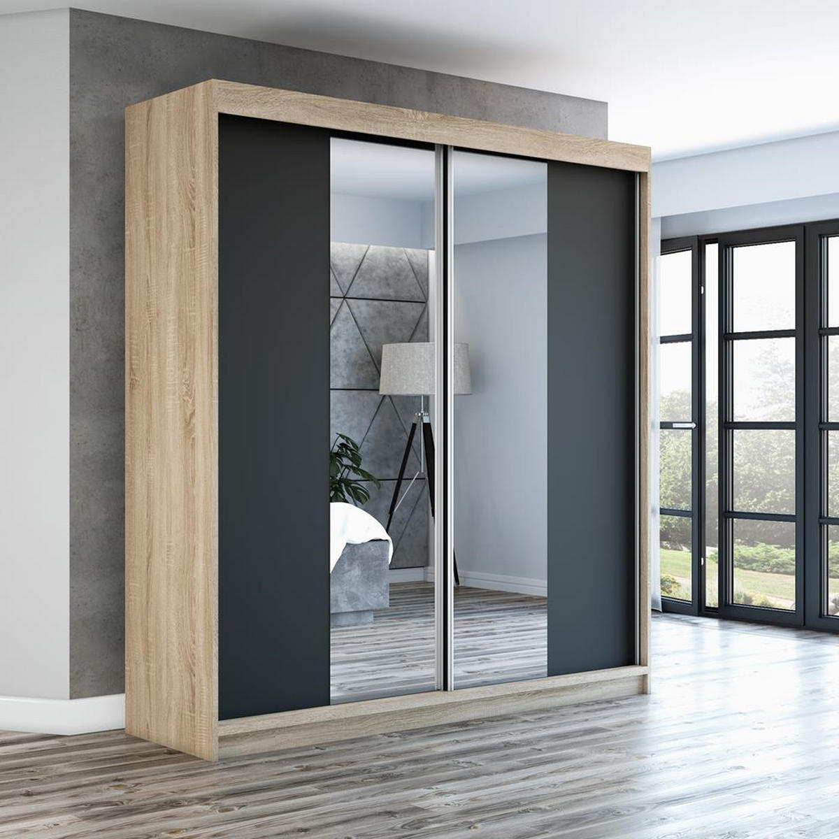 SCHWEBETÜRENSCHRANK 120 CM NEO Farbe: Sonoma / schwarz / schwarz - Schwarz/Braun, Holzwerkstoff (120/215/59.5cm) - A&J MöbelLand
