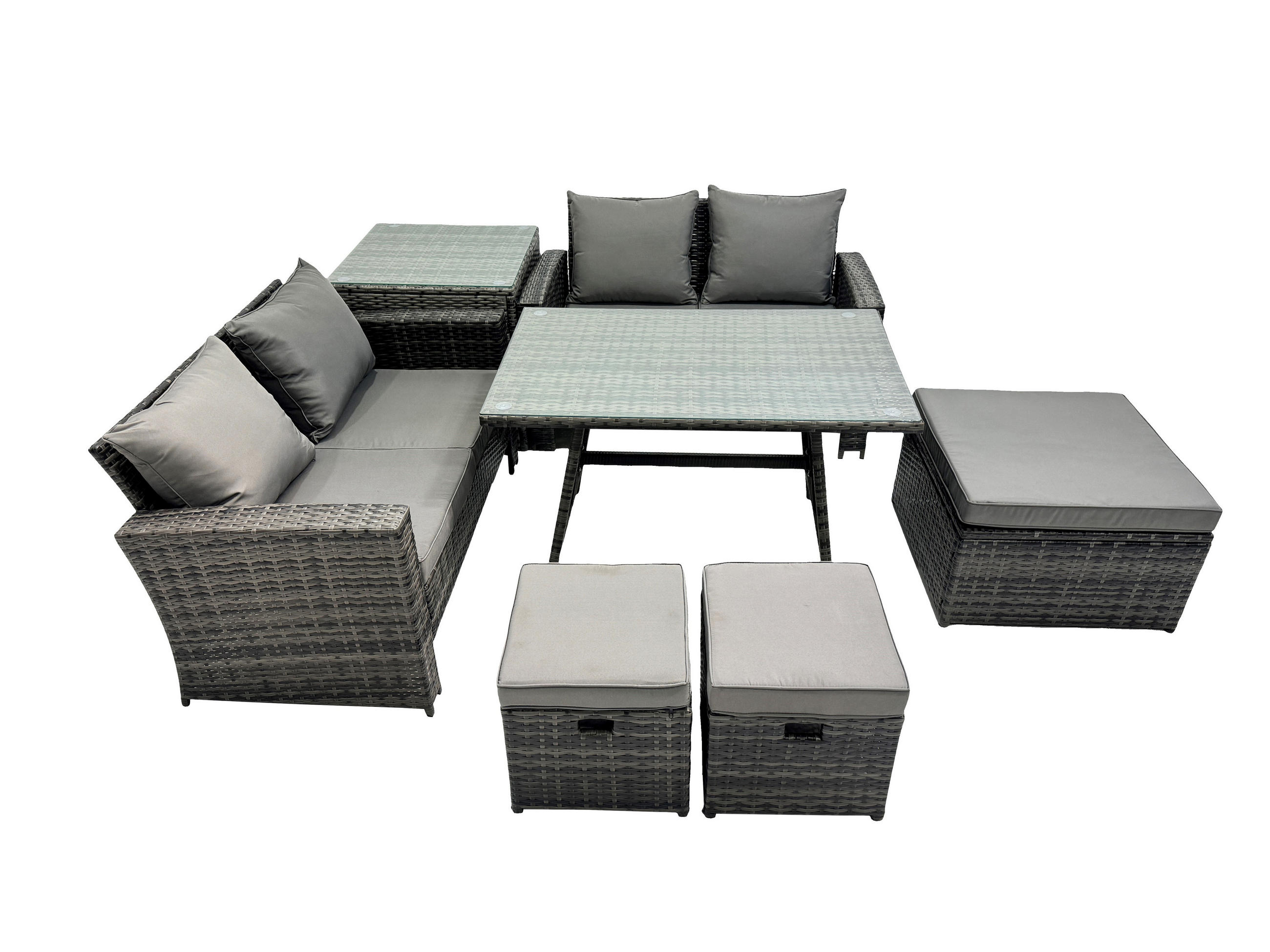 GARTENMÖBELSET mit ESSTISCH,HOCHLEHNER-SOFA Polyrattan Dunkelgrauer Mix 7-Sitzer - Dunkelgrau/Grau, Glas/Kunststoff - Fimous
