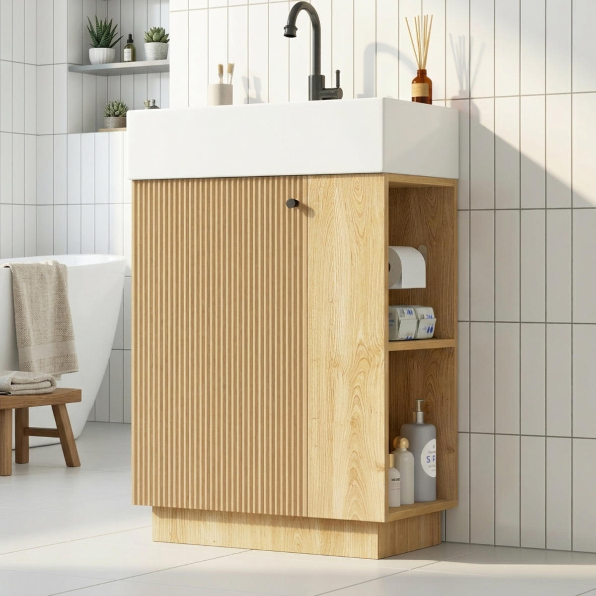 WASCHTISCHKOMBI 55/32/87 cm Holzfarbe mit abnehmbarem Toilettenpapierhalter, ohne Wasserhahn - Naturfarben, Holz/Holzwerkstoff (32/87/55cm) - Oxeza