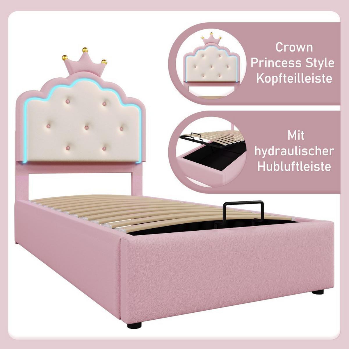 POLSTERBET 90 x 200 cm in Rosa PU mit Ambientelicht - Pink, Textil (90/200cm) - KOMHTOM