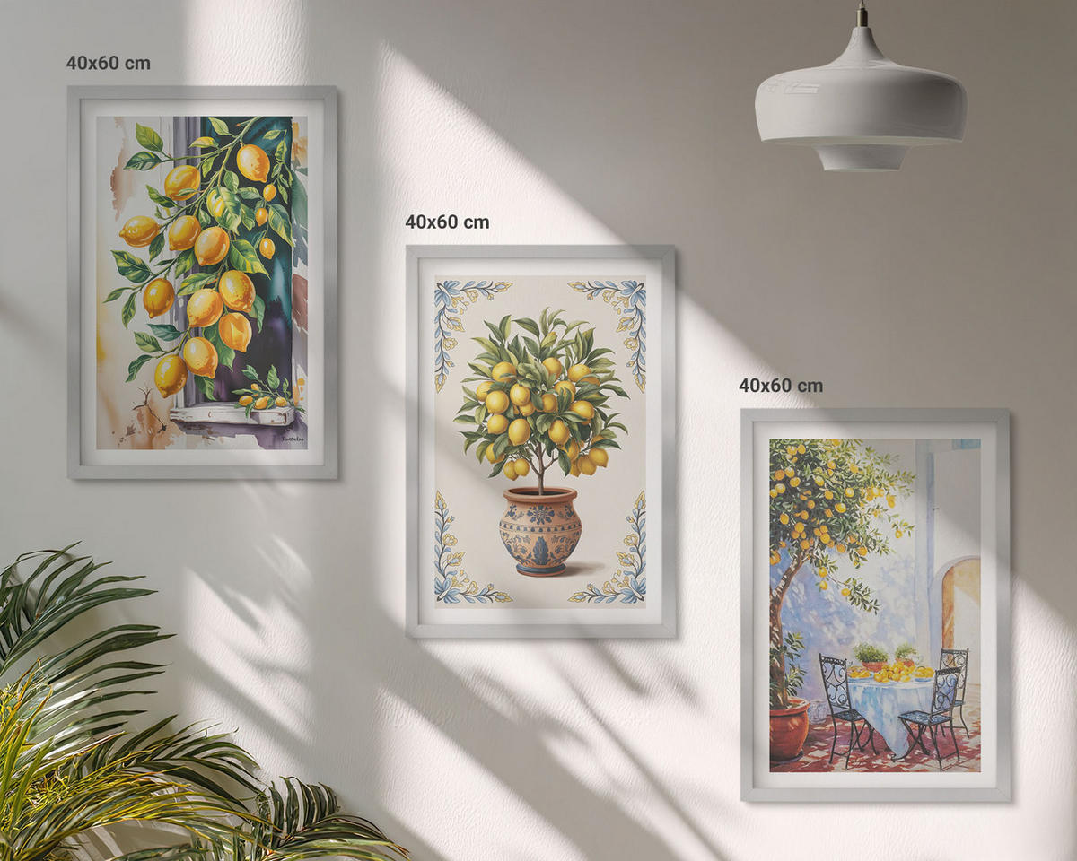 BILDER SET 3er Set - 40x60 cm Silberner Rahmen - Zitronenbäume Früchte Sonne - Silberfarben, Kunststoff (40/60cm) - TULUP