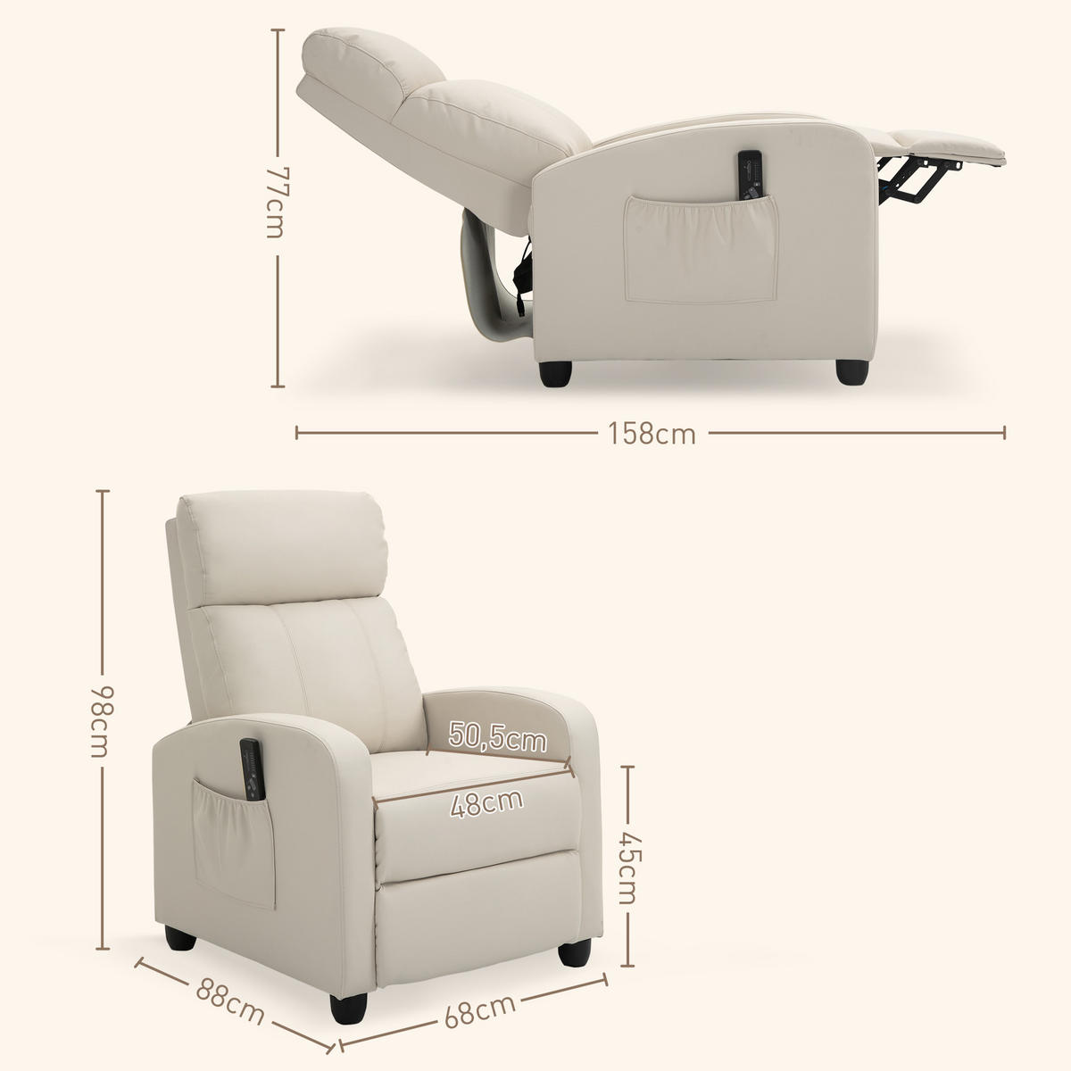 MASSAGESESSEL DE-15357 8 Massagemodi mit elektrischer Neigung Creme - Creme, Leder (88/98/68cm) - ComfortXL