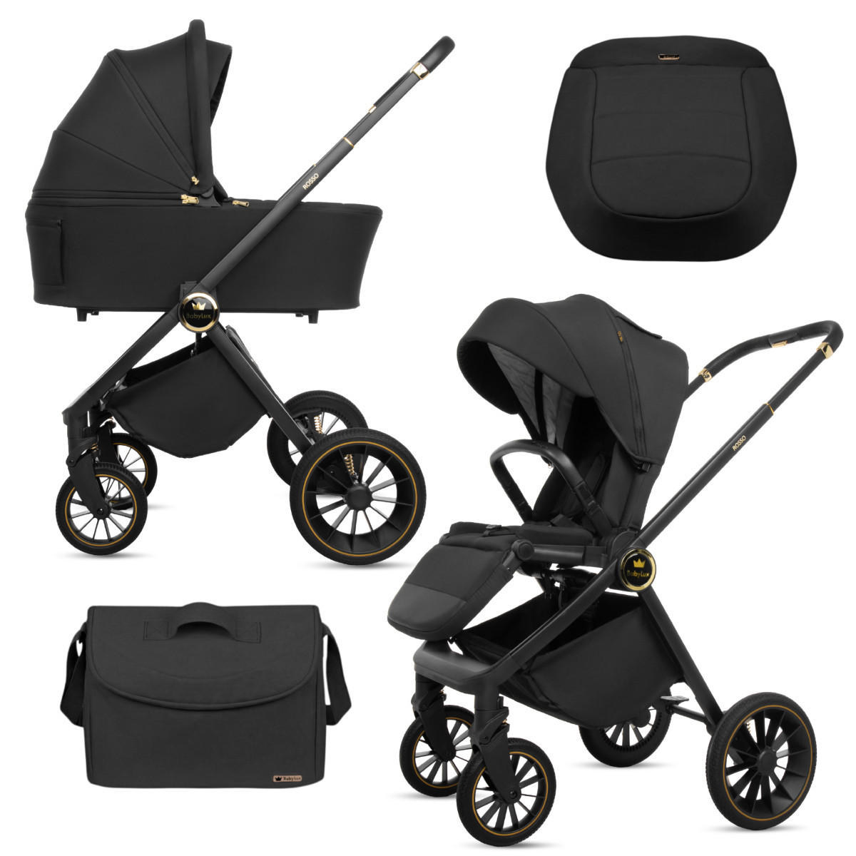 KINDERWAGEN Rosso 2in1 Schwarz Babywanne, Buggy Sportsitz, Faltbar, Wickeltasche - Schwarz, Textil/Metall (58/100cm) - BabyLux