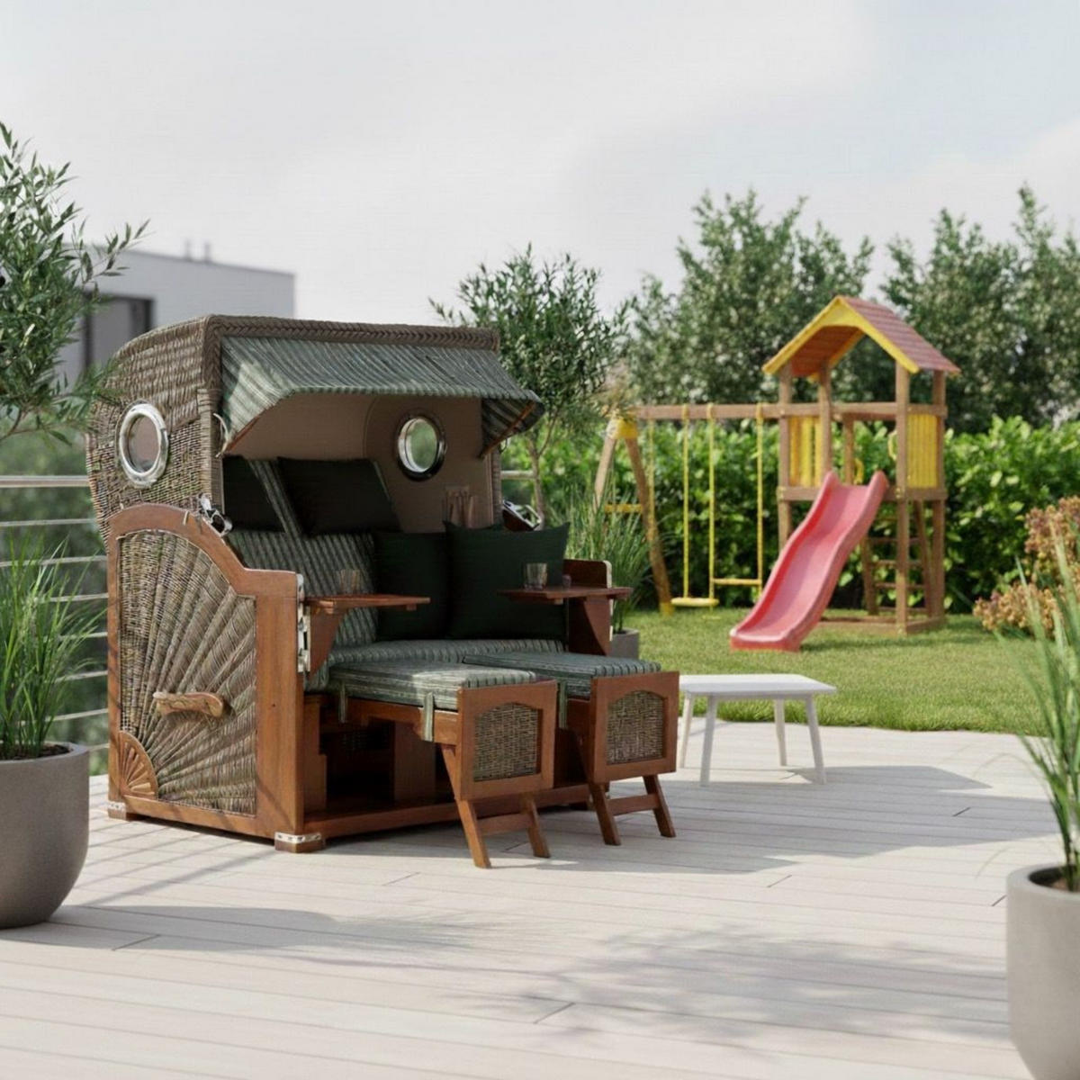 STRANDKORB XXL Düne Grande 2,5 Sitzer - Braun/Grün, Metall (142/170/95cm) - Mr. Deko