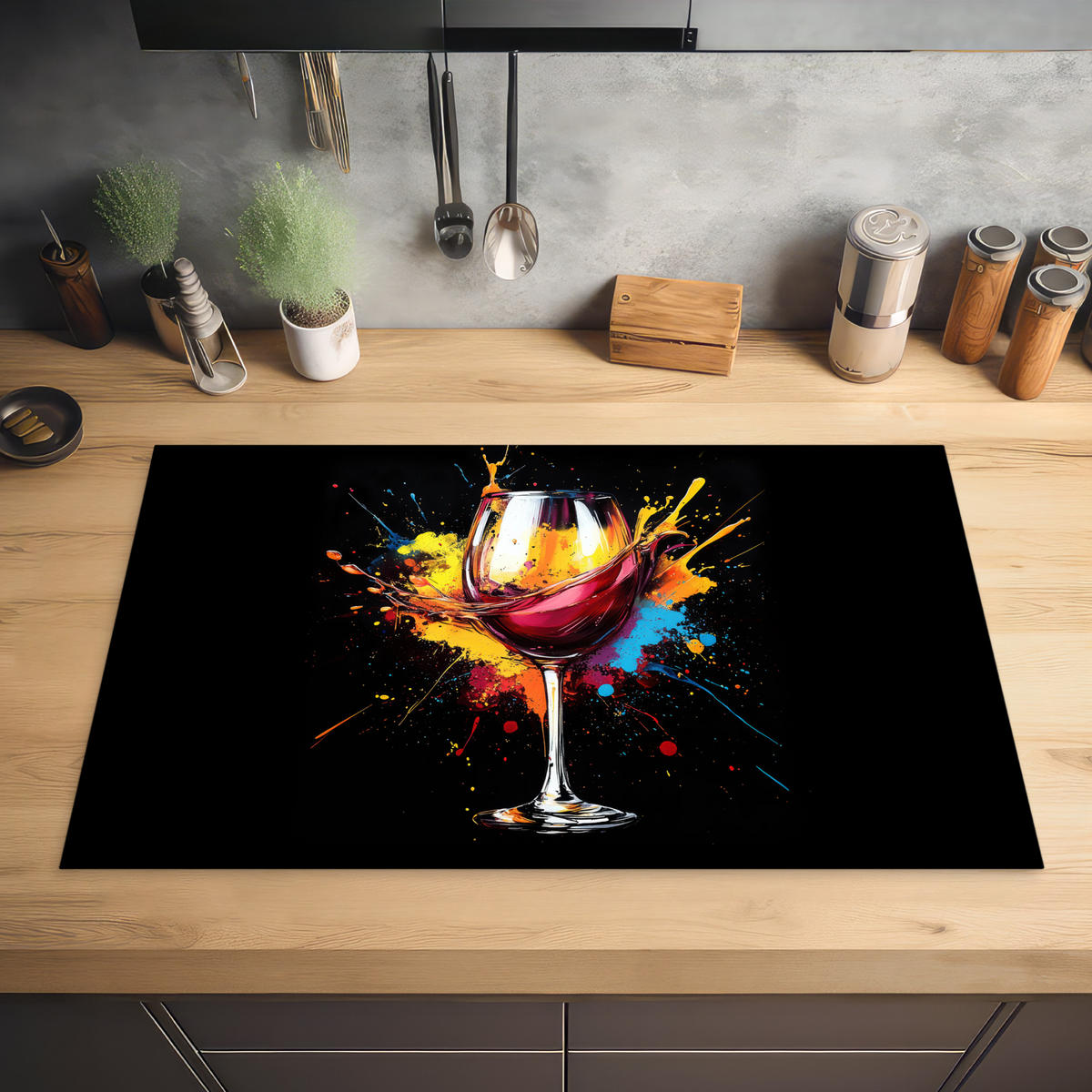 HERABDECKPLATTE - Wein - Glas - Graffiti - Getränk - Rot - Farbe - 85x50 - Weinrot, Kunststoff (85/50/0.2cm) - MuchoWow