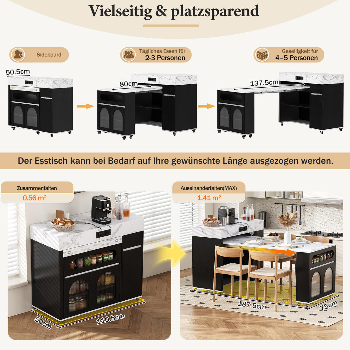 KÜCHENINSEL 50,5-187,5/110,5/95,5 cm aus MDF mit ausziehbarer Tischplatte Schwarz - Schwarz, Holzwerkstoff (110.5/95.5/50.5cm) - Modenvie