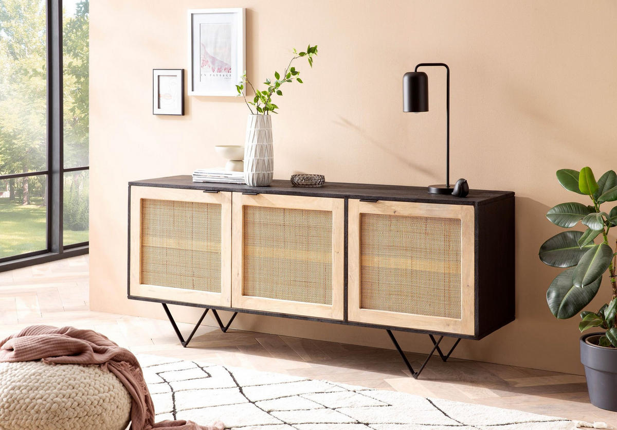 SIDEBOARD – Mango Massivholz/Rattan, 175x75x45 cm, 3 Türen, schwarz/braun - Schwarz, Holz/Metall (175/75/45cm) - KADIMA DESIGN