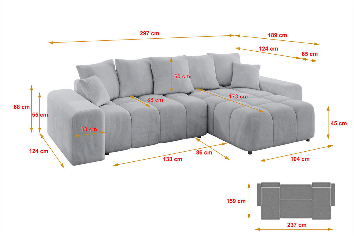 ECKSOFA Ottomane rechts ENIL-L 297x189x68 Hellgrau Velours - Titanfarben, Holzwerkstoff/Kunststoff (189/297cm) - ALTDECOR
