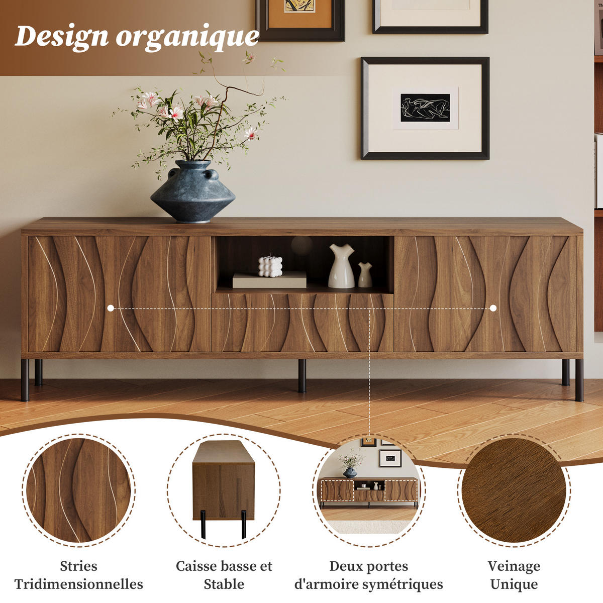 NIZKA OMARICA 160 cm, naravna barva, 3 vrata - črna, leseni material (160/46/35cm) - Urban Meuble
