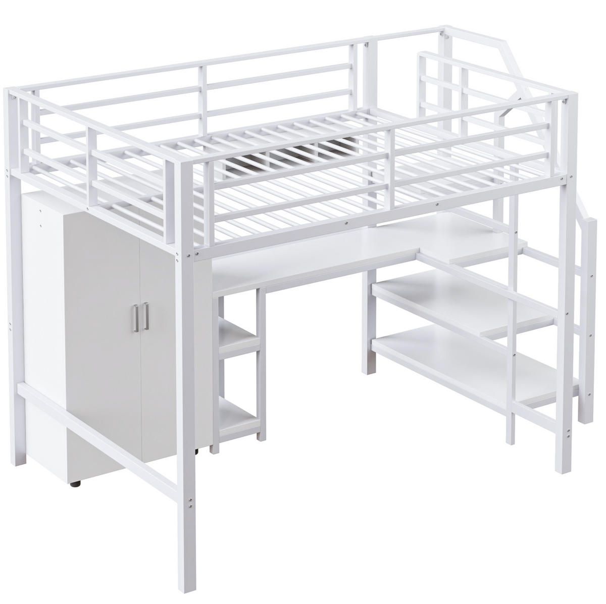 HOCHBETT aus Metall und MDF 140x200 cm Weiß mit Kleiderschrank, Regalen, Ablageleiter und Schreibtisch - Weiß, Metall (90/200cm) - Modfu