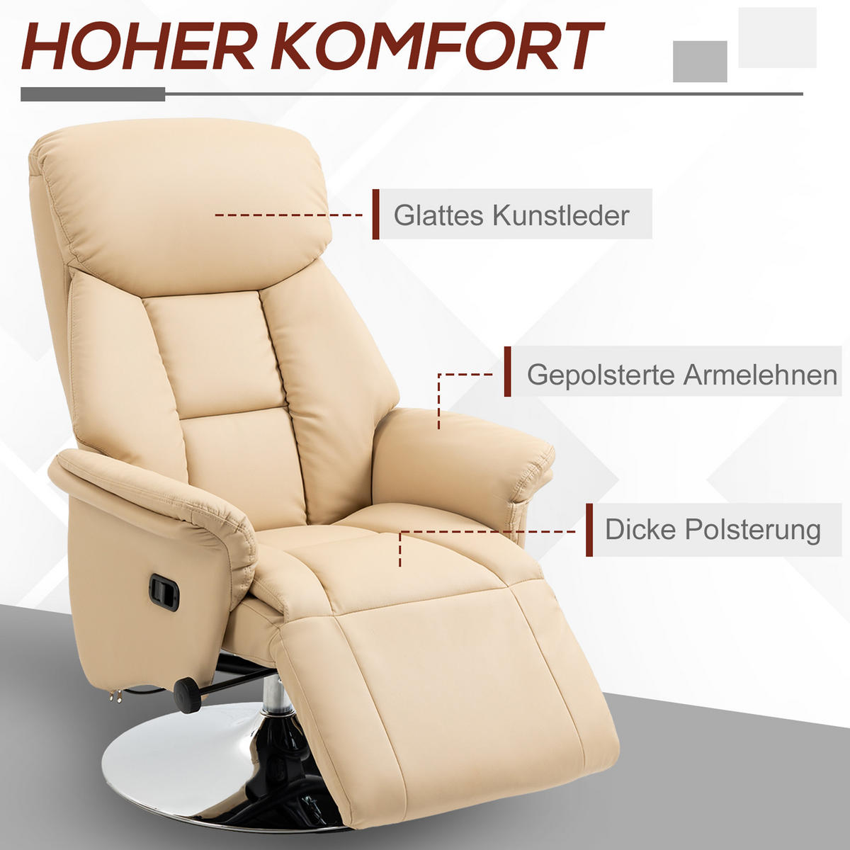 RELAXSESSEL, Fernsehsessel mit manuell Verstellbarer Rückenlehne, Fußteil, Beige - Beige/Silberfarben, Metall (78/109/80cm) - HOMCOM