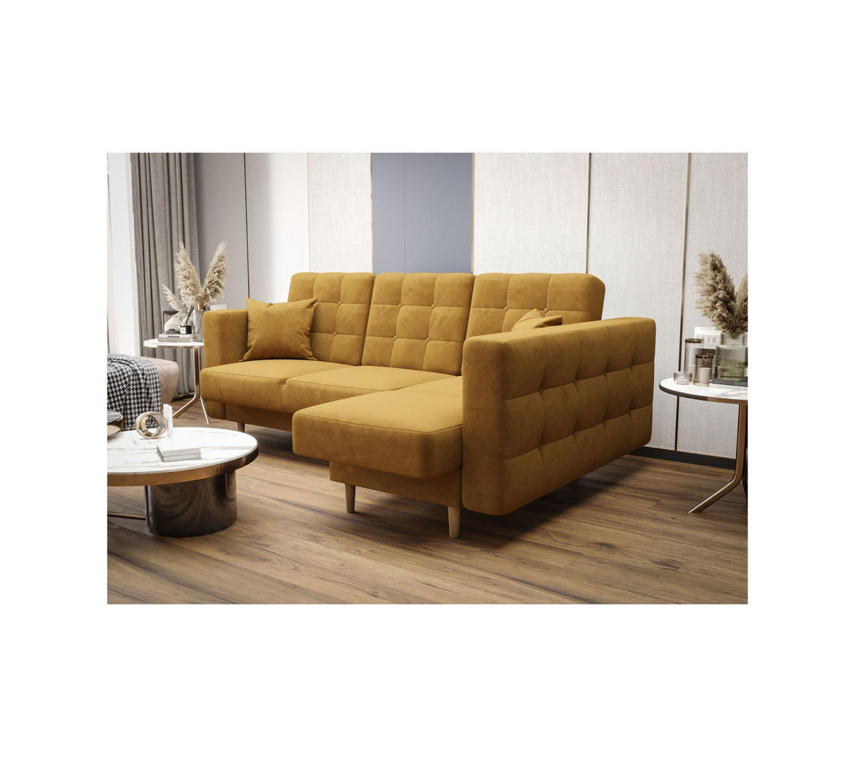 ECKSOFA KONGO RBN12, Eckcouch in L-Form mit Schlaffunktion, Farbe: Gelb, Velourstoff, Ottomane Rechts - Gelb, Textil (225/158cm) - O-Sofa