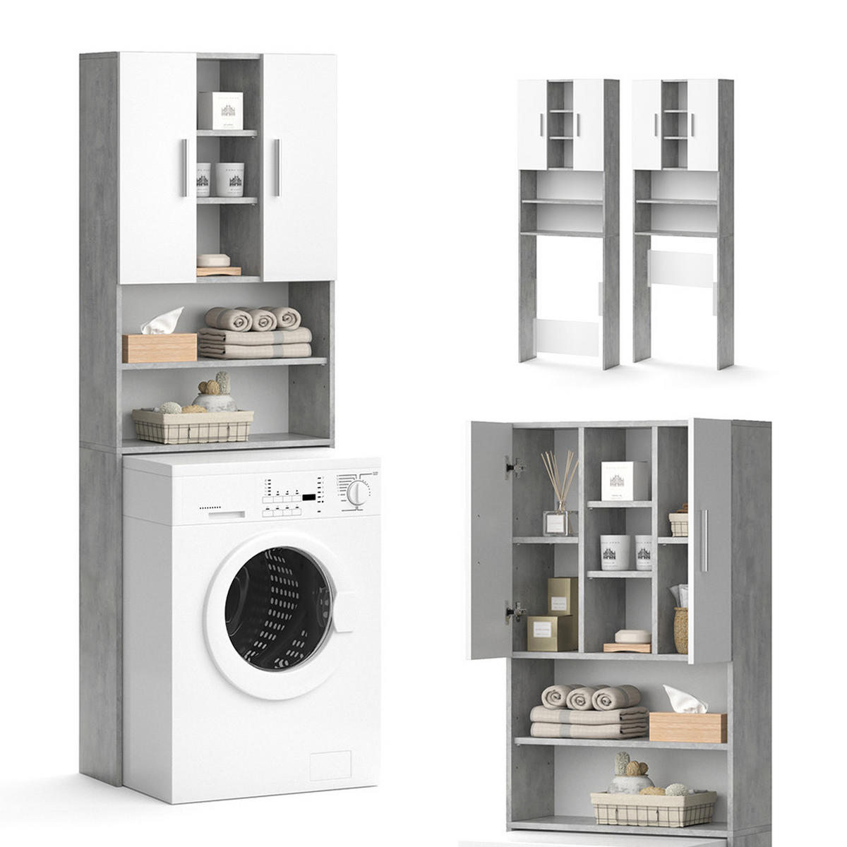 WASCHMASCHINENSCHRANK Luis Beton 64 x 190 cm - Weiß/Grau, Holzwerkstoff (64/190/25.6cm) - Vicco