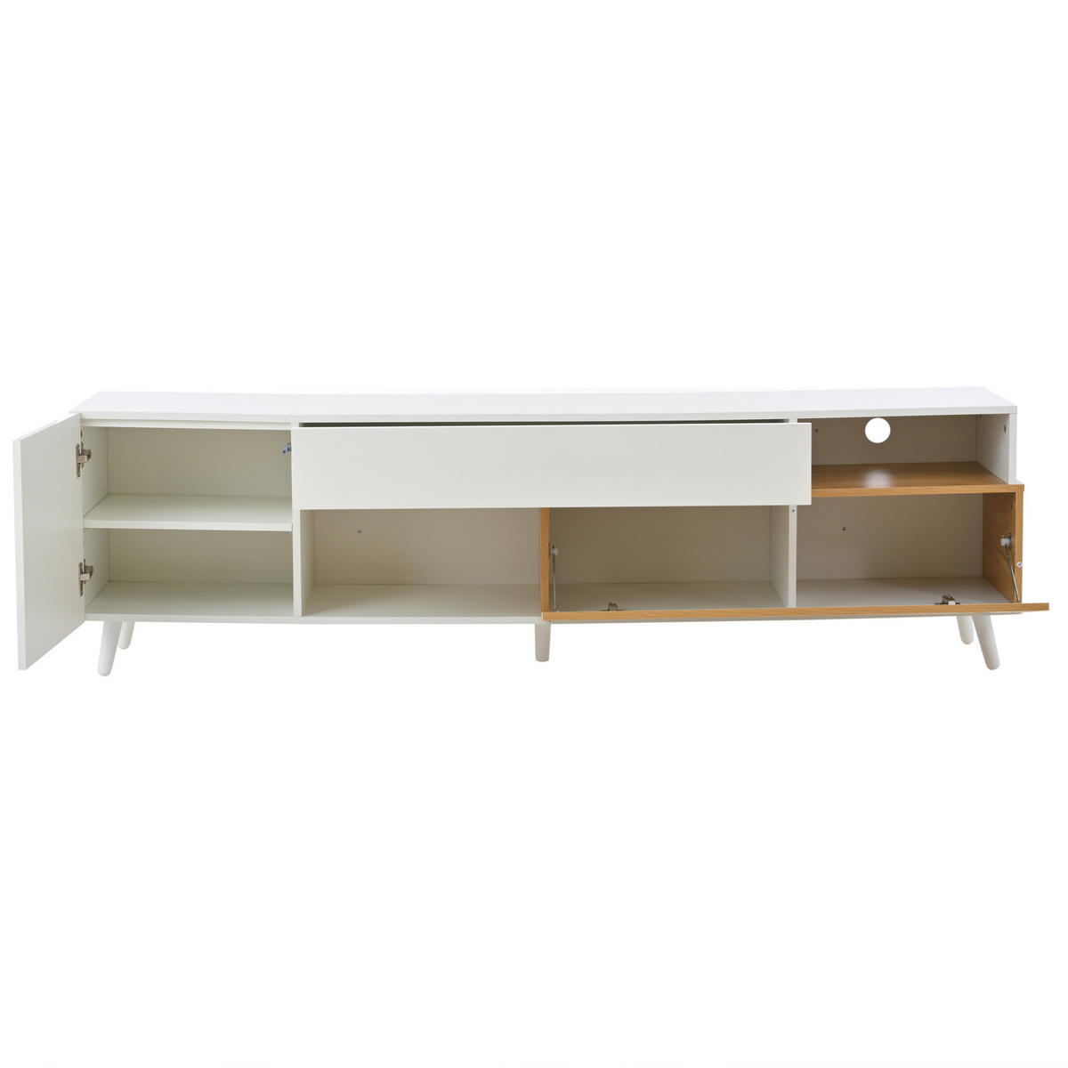TV stolek 180/38/50 cm s vysokým leskem, zásuvkou a více úložnými prostory, Bílá/přírodní - světle hnědá, kompozitní dřevo (180/50/38cm) - Redom