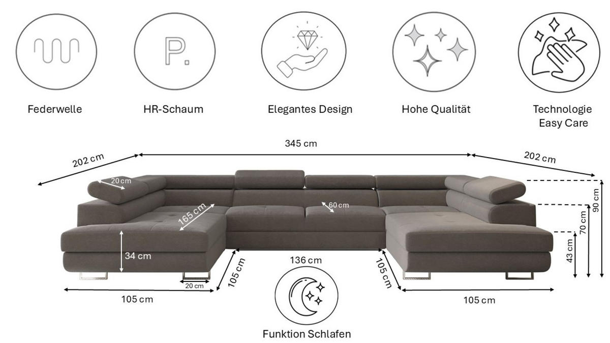 ECKSOFA Falio U-förmiges mit Schlaffunktion und Kopfstützen Velours Grau - Grau, Holz/Textil (202/345cm) - Kaiser Möbel
