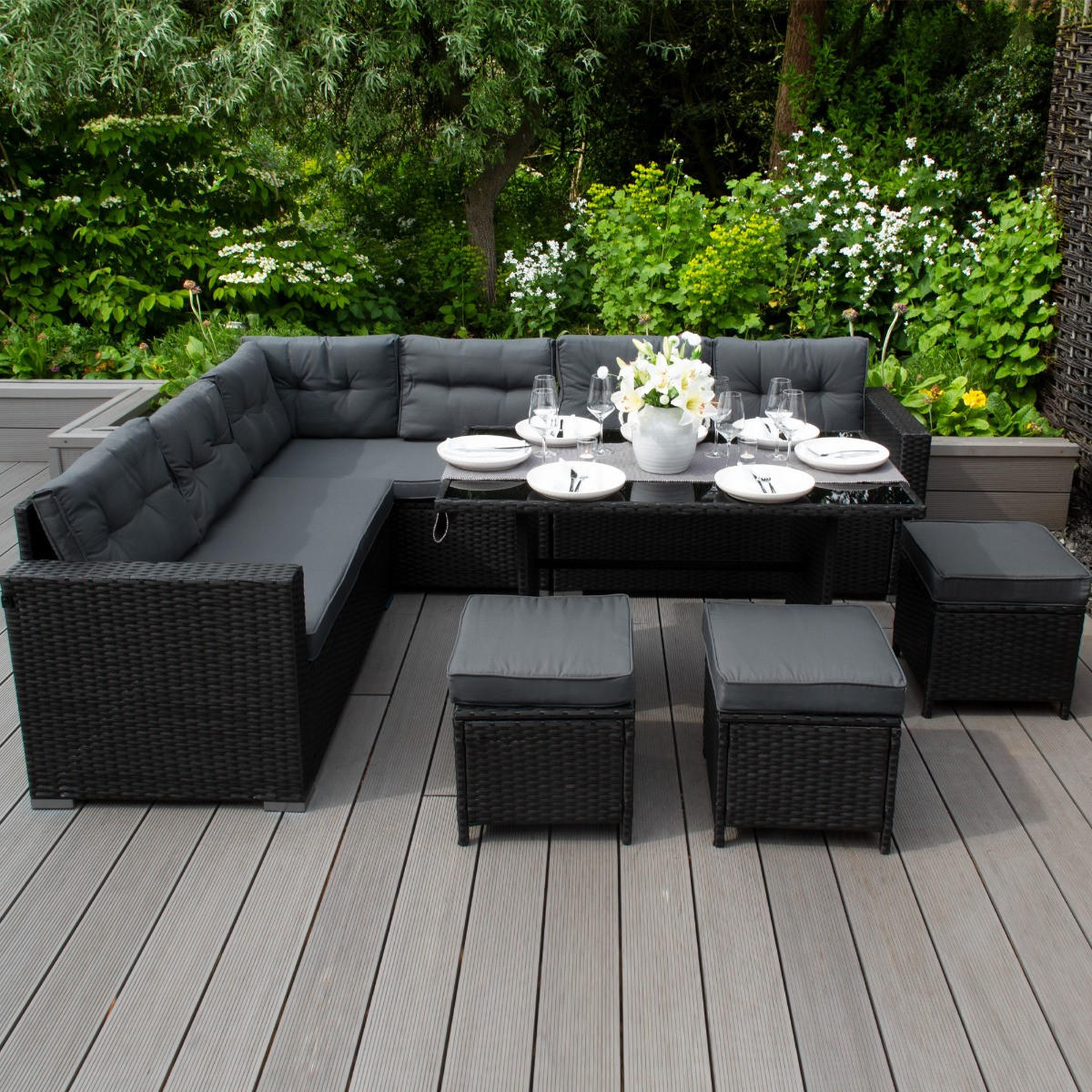 ECKGARNITUR Rattan & Kissenbox - Schwarz - Schwarz, Naturmaterialien - Monstershop