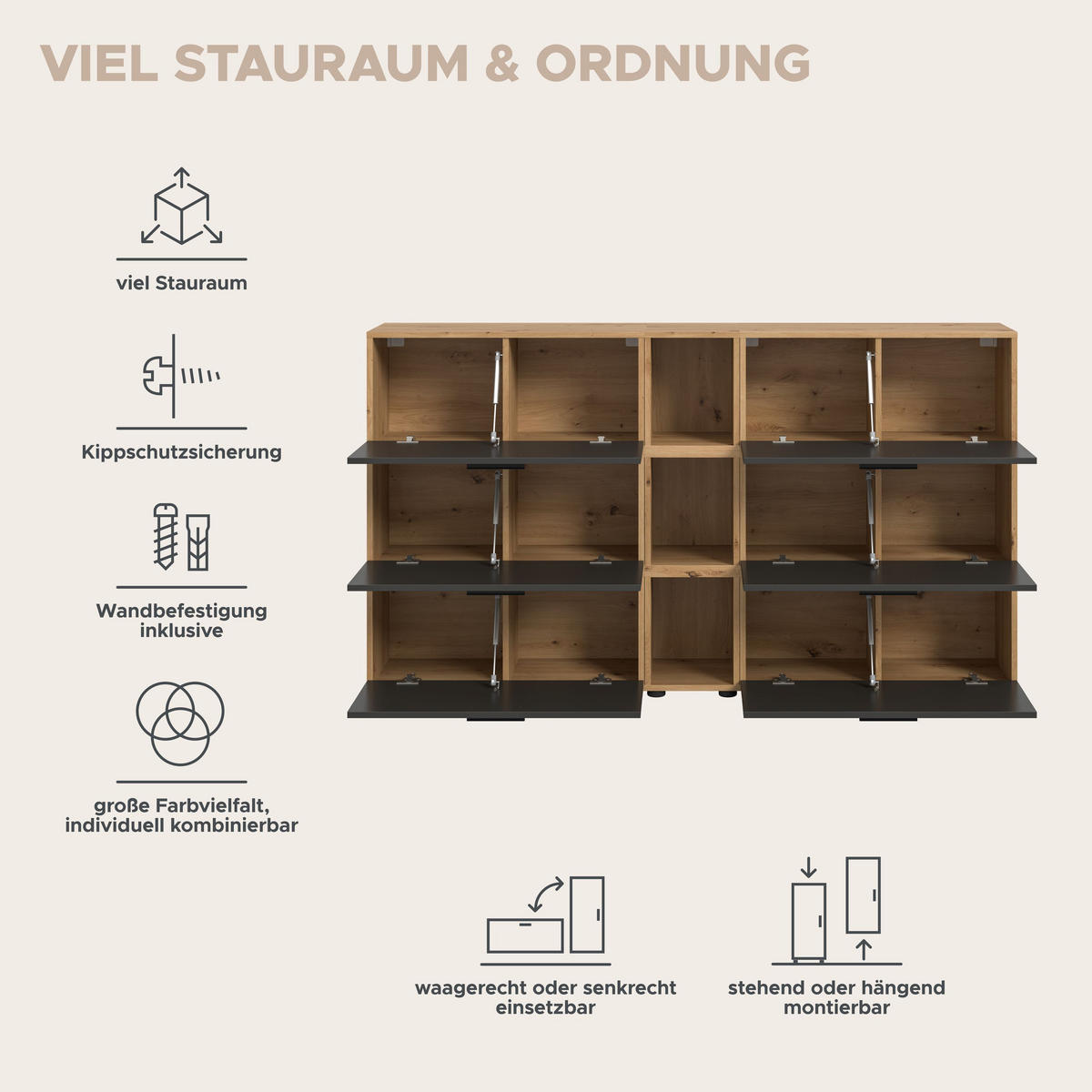 WOHNKOMBINATION THE ONE (B/H/T: ca. 176/99/34 cm) in Artisan Oak Nachbildung/Basalt grau - Eiche Artisan, Holzwerkstoff (176/99/34cm)