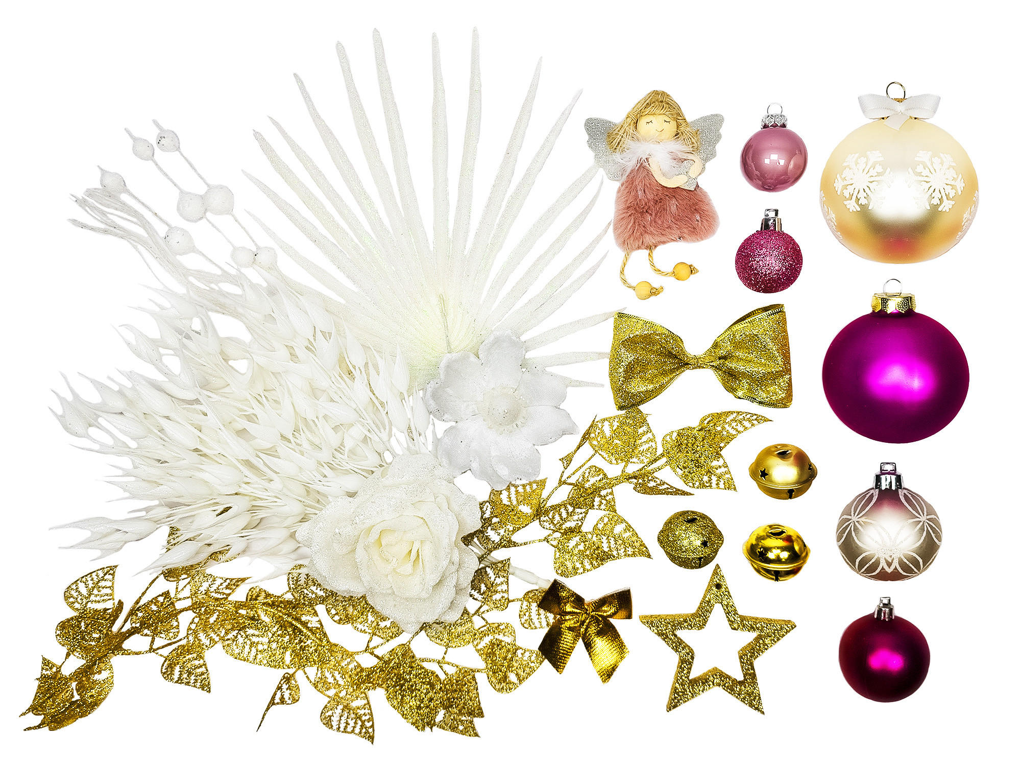 LAALU CHRISTBAUMKUGEL-SET 37 Stück in Box PINK DECORATIONS für Weihnachtsbaum bis zu 100 cm - Goldfarben/Weiß, Glas/Kunststoff (20/12/30cm) - LAALU