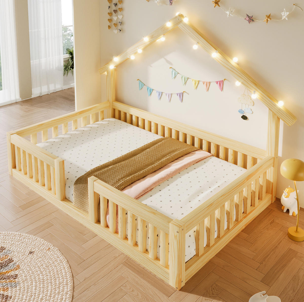 HAUSBETT 90x200 cm in Natur mit Rausfallschutz und LED-Lichterkette - Naturfarben, Holz (90/200cm) - IVMEU