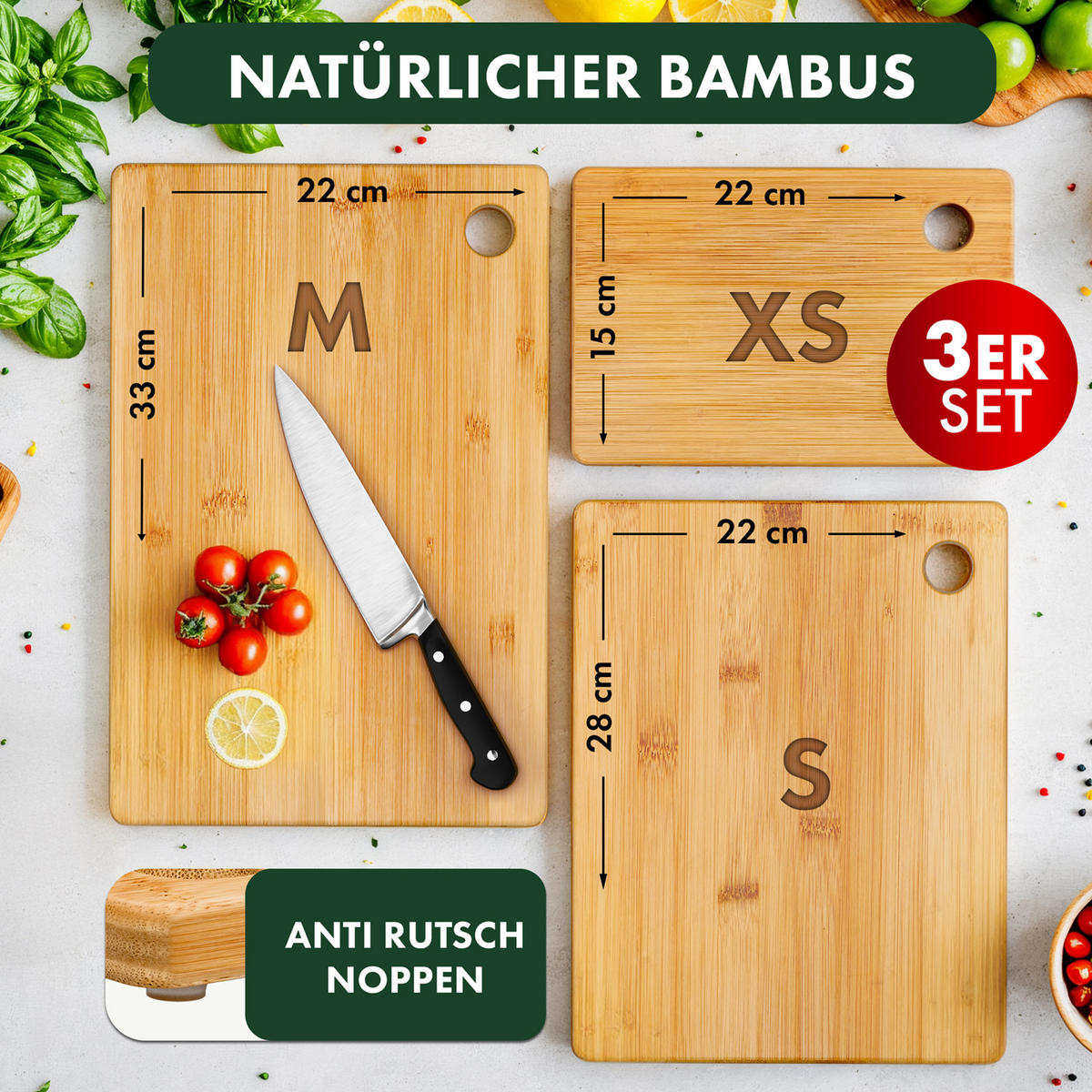 SCHNEIDEBRETT aus 100% Bambus 3er Set (XS, S, M) - Eichefarben, Holz (15/22cm) - Blumtal
