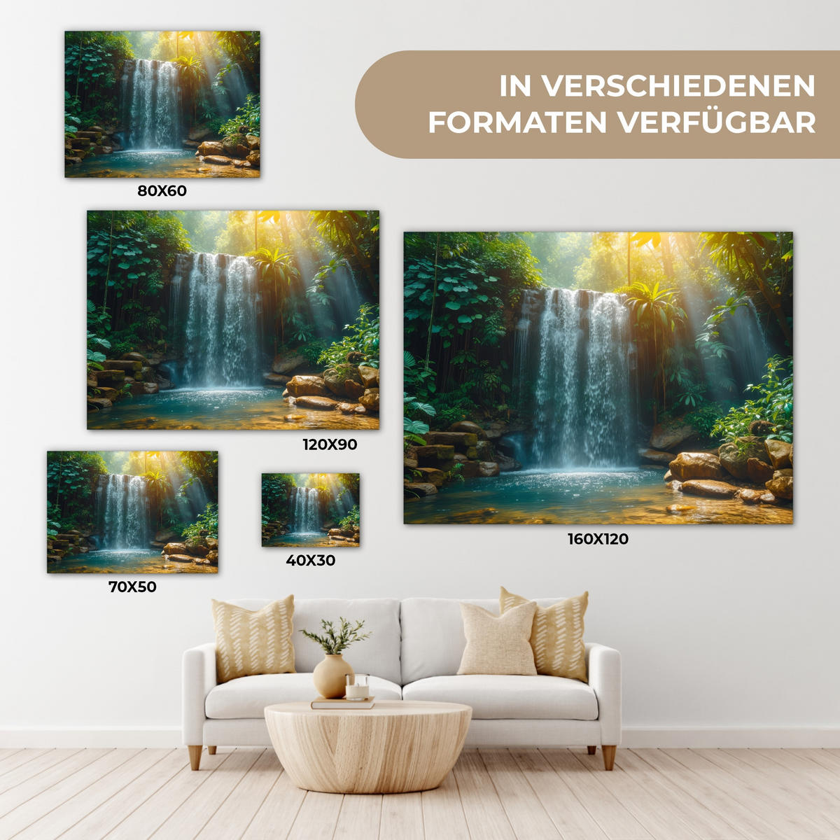 LEINWANDBILD Wasserfall - Dschungel - Sonne - Grün - Natur Wandbilder 80x60 cm - Grün, Textil (80/60cm) - MuchoWow