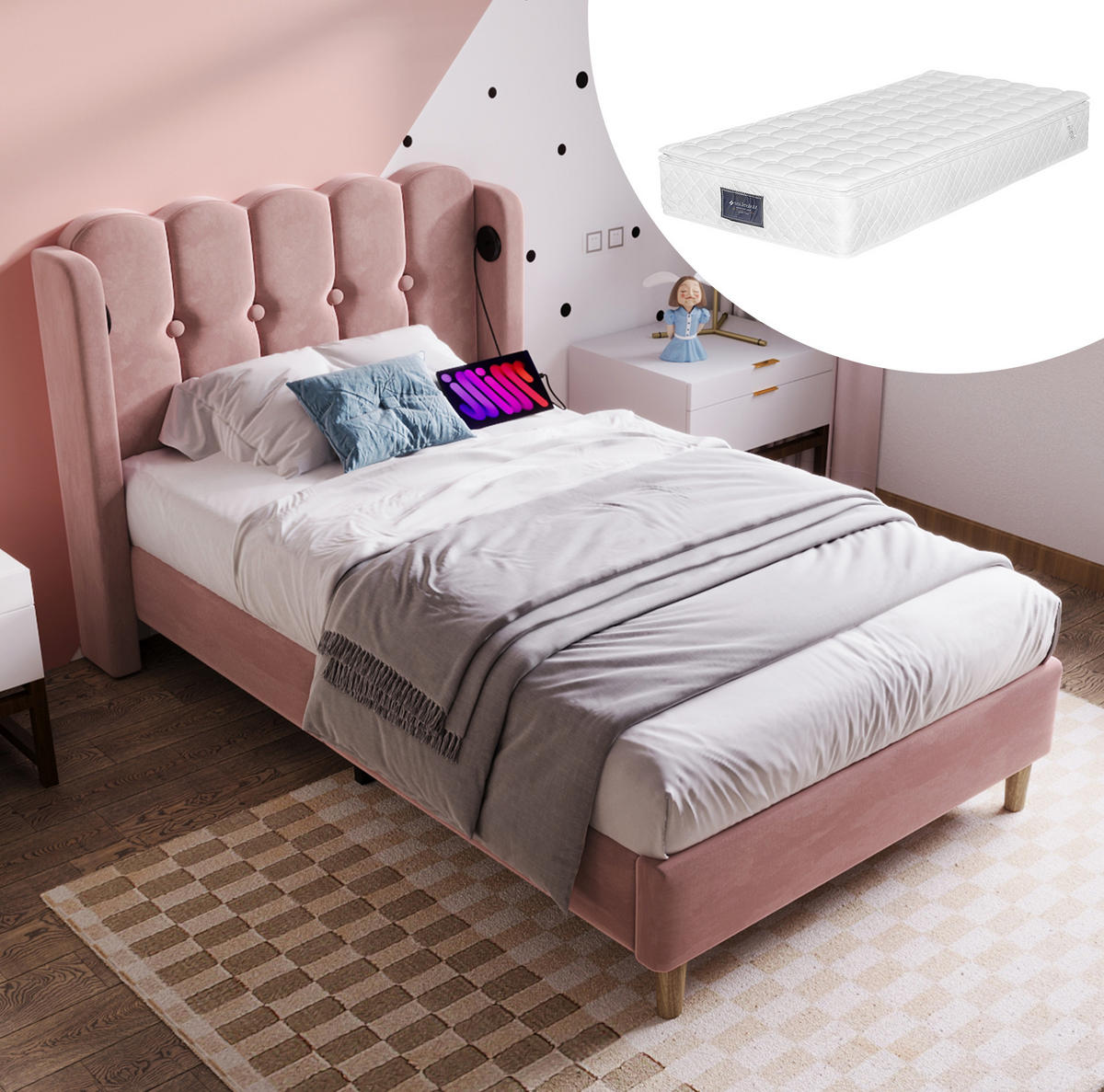 POLSTERBETT 90/200 cm Rosa aus Samt mit USB Typ-C Ladefunktion - Rosa, Textil (90/200cm) - OKMYHOME