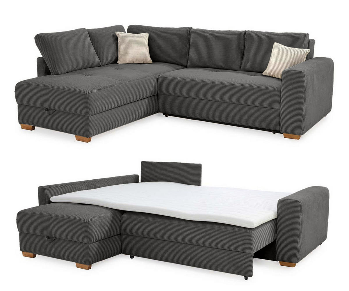 ECKSOFA-DAUERSCHLÄFER Boxspring Federkern Topper Bettkasten, seitenverkehrt montierbar B257/T206/H85 cm, Cord Grau Anthrazit / 15211 - Schieferfarben/Eichefarben, Holz/Textil (257/206cm) - luma-home
