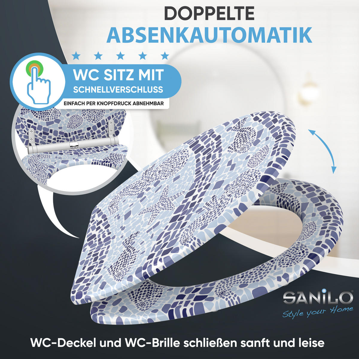 WC-SITZ mit Absenkautomatik & Top Fix Mosaic World - Blau, Holzwerkstoff (37.7/5.5/48cm) - Sanilo