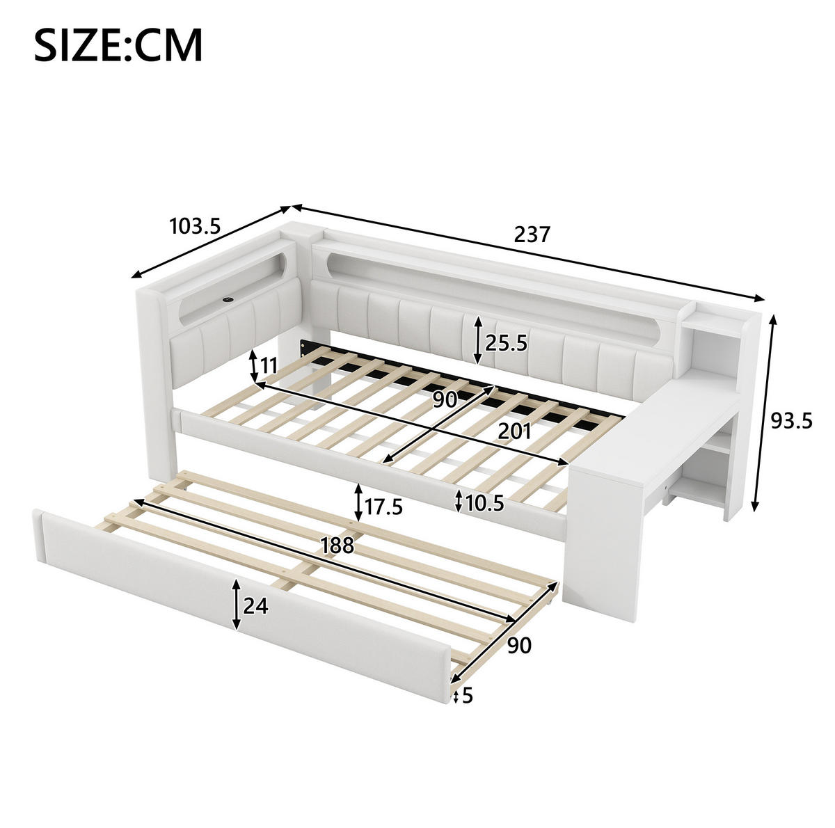 POLSTERBETT Kinder 90/200 cm aus MDF, Sperrholz und Leinen mit USB, LED-Beleuchtung, Ausziehbett und Schreibtisch Weiß - Weiß, Holzwerkstoff (90/200cm) - Modenvie