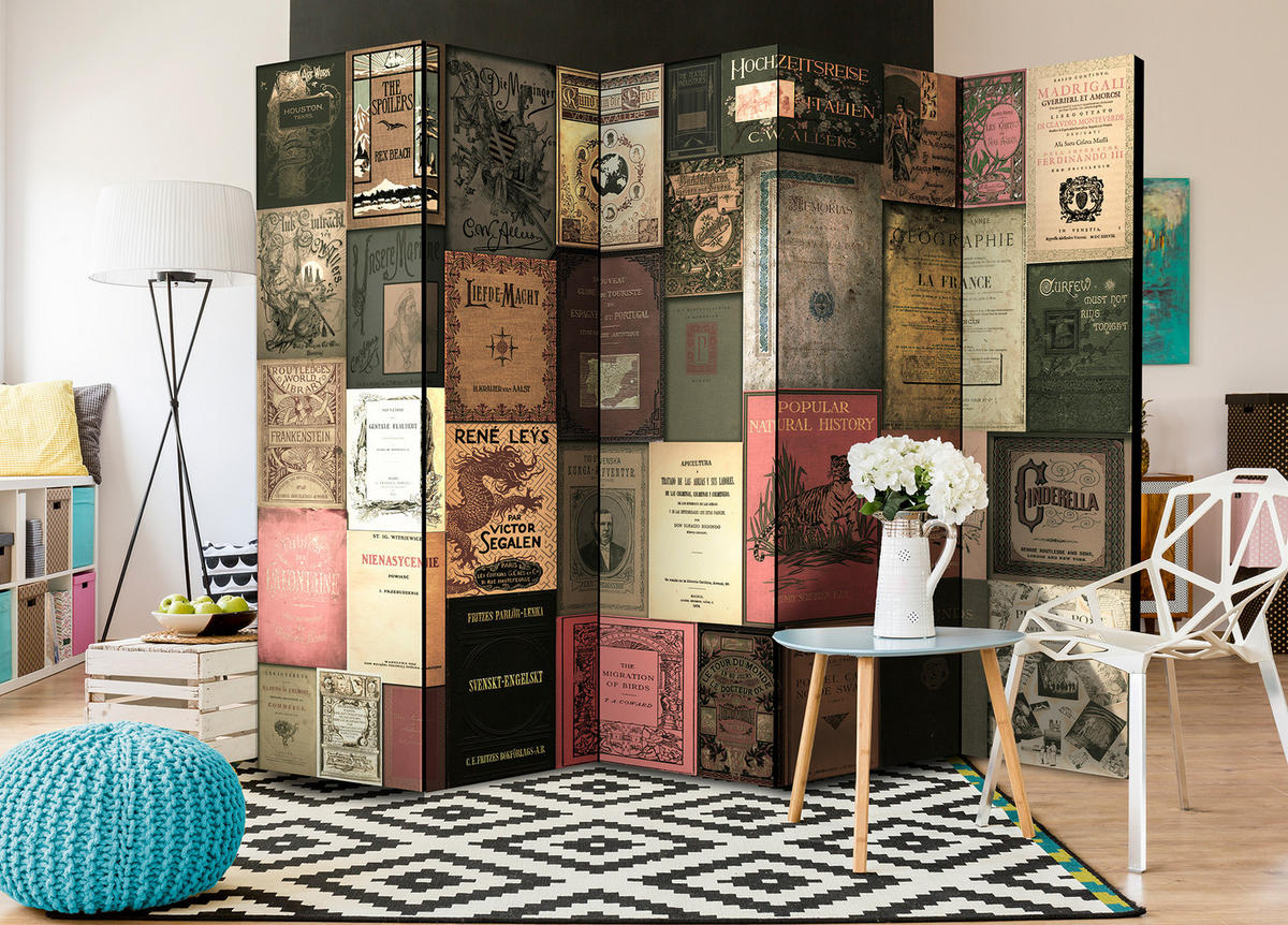 PARAVÁN Akustický 5-Dielny 225x172 cm Veľa Kníh - viacfarebná, drevo/textil (225/172/3cm) - Muralo