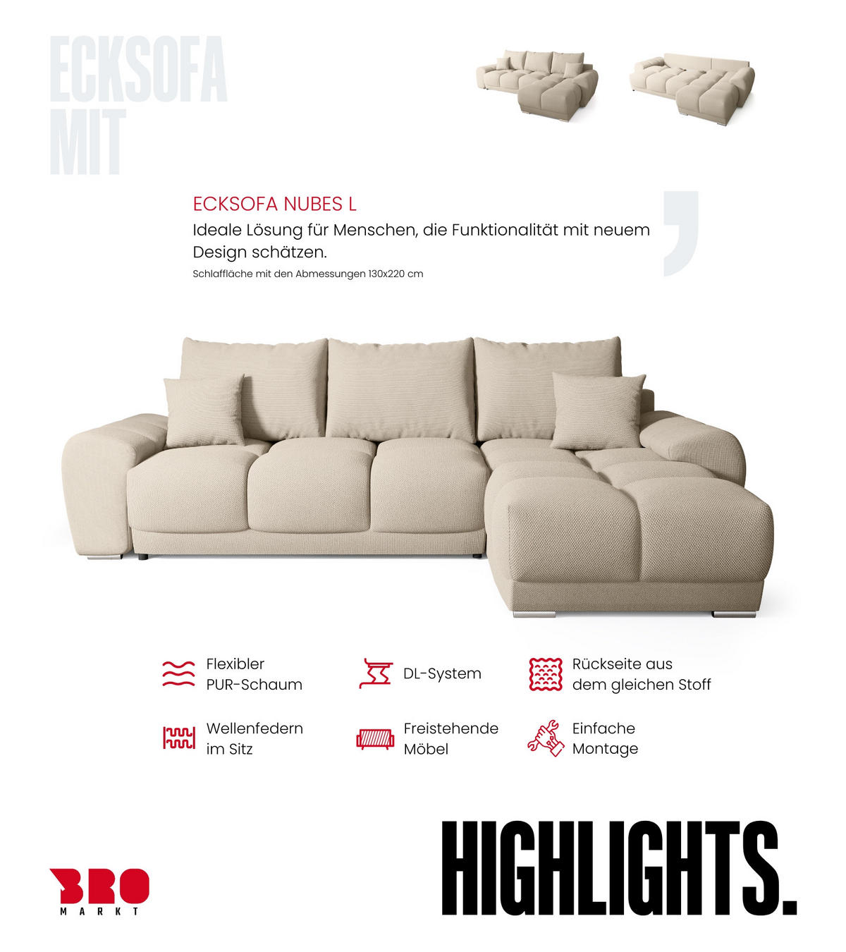 ECKSOFA Nubes mit Schlaffunktion Beige - Beige/Silberfarben, Kunststoff/Textil (290/180cm) - Bromarkt