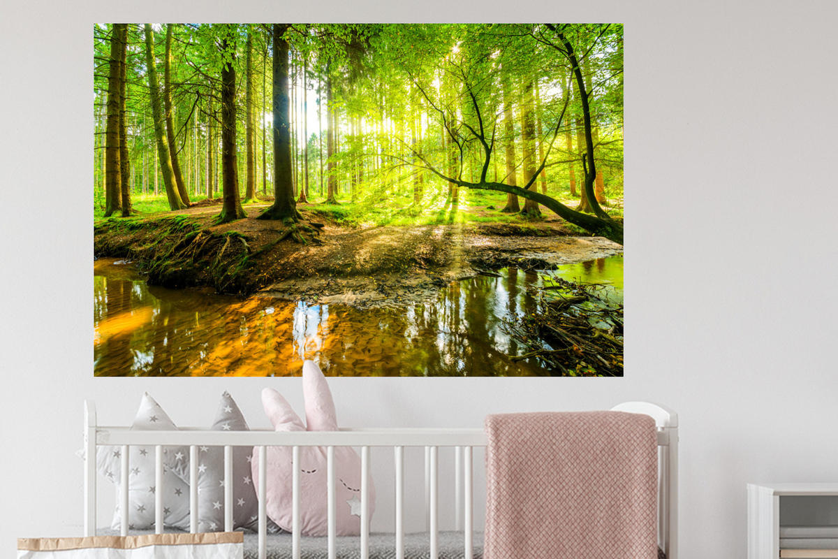 WANDTATTOO Wald - Landschaft - Wasser - Bäume - Sonne - Grün - Natur 120x80 cm - Grün, Kunststoff (120/80/0.1cm) - MuchoWow