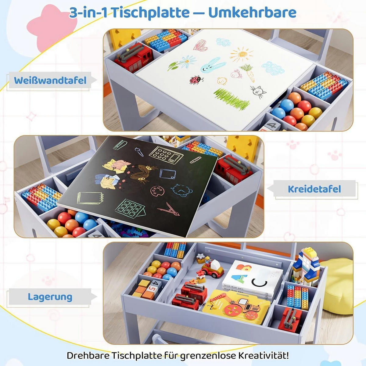 KINDERTISCH mit 2 Stühlen 3-teiliges Set Blau - Hellblau, Holzwerkstoff (48/48/80cm)