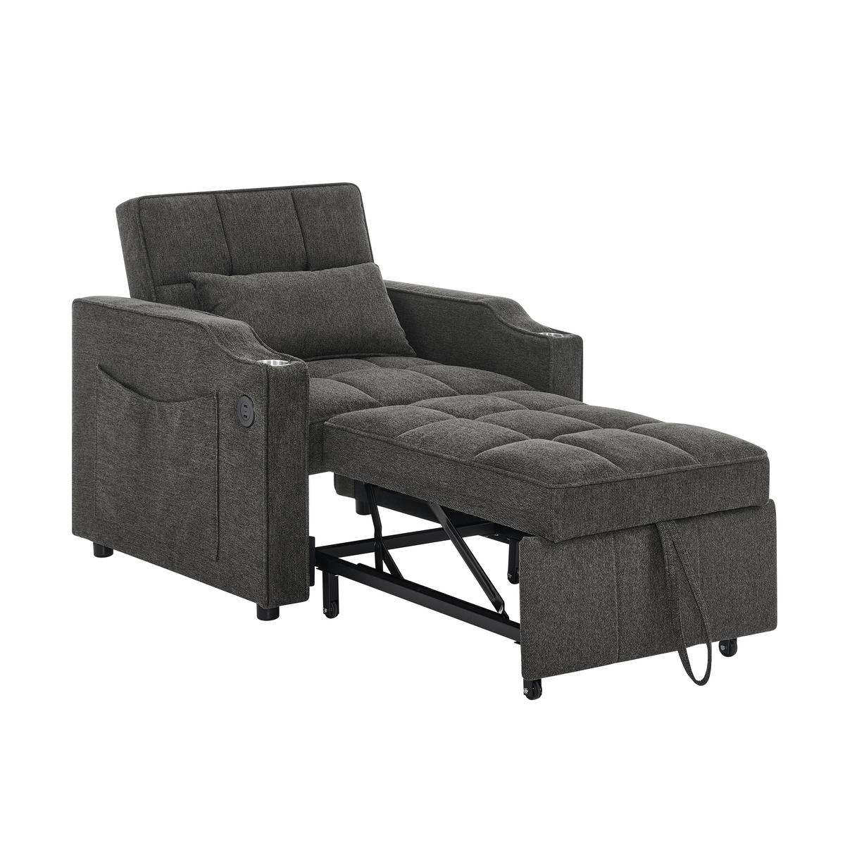 RELAXSESSEL 190/85/86 cm Dunkelgrau mit USB-/Typ-C-Anschluss und Seitentasche - Dunkelgrau, Textil (190/86/85cm) - Oxeza