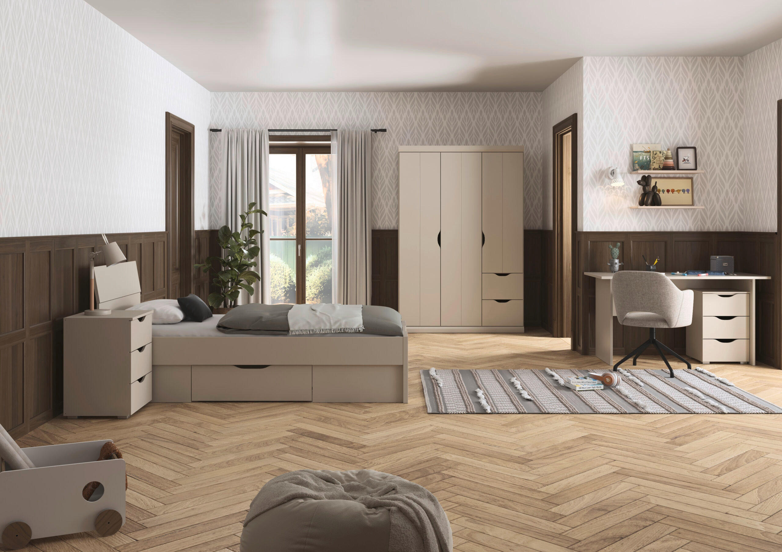 JUGENDZIMMER Frieda in Beige 5-teilig mit 3 türigem Kleiderschrank mit Schubkästen, 90er Jugendbett, Nachttisch, Schreibtisch mit Container - Beige, Holzwerkstoff (80/200/120cm)