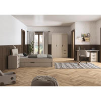 JUGENDZIMMER Frieda in Beige 5-teilig mit 3 türigem Kleiderschrank mit Schubkästen, 90er Jugendbett, Nachttisch, Schreibtisch mit Container - Beige, Holzwerkstoff (80/200/120cm)