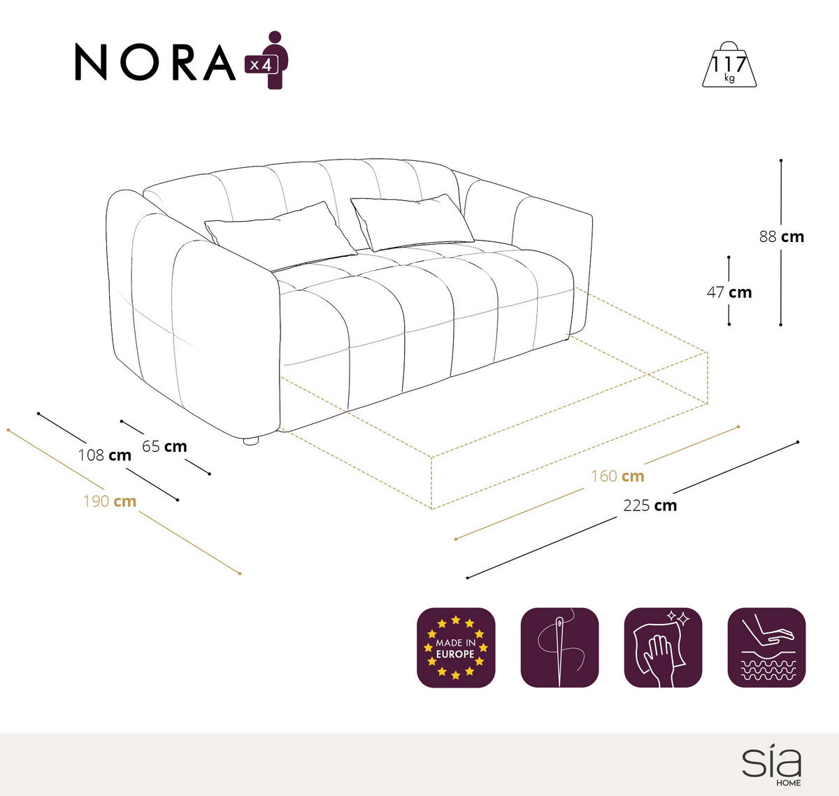 SCHLAFSOFA GERADE Bouclé-Stoff Graphitgrau 225cm - Graphitfarben/Grau, Textil (225/88/108cm) - Sia Home
