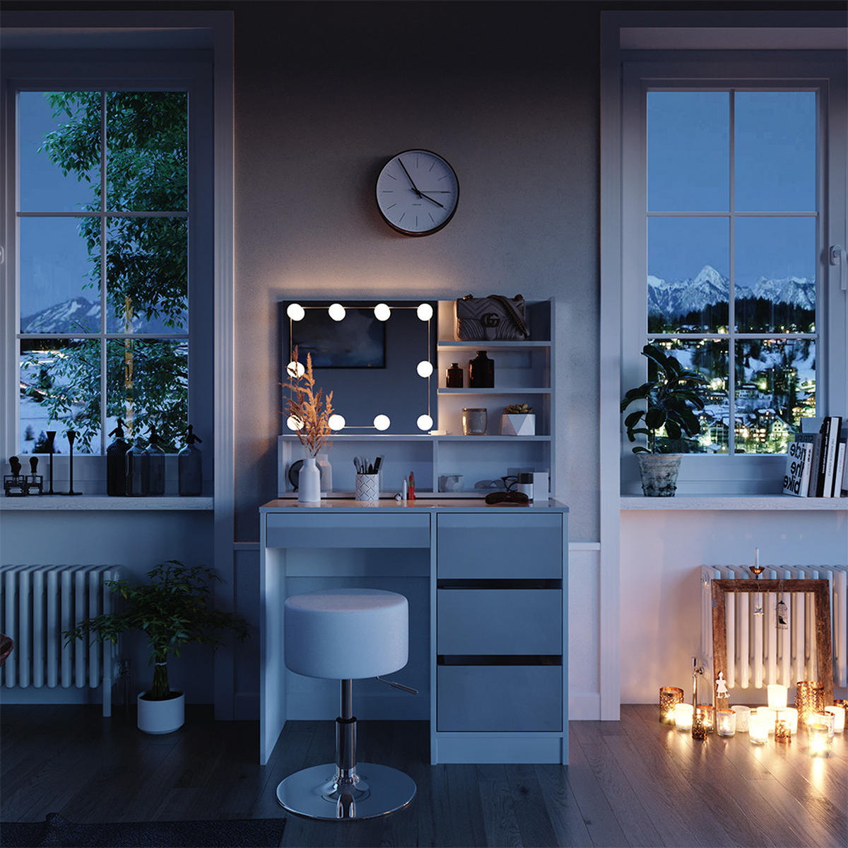 SCHMINKTISCH Sherry Weiß 140 cm mit LED Beleuchtung Hocker und Spiegelregal - Weiß, Holzwerkstoff (40/75/140cm) - Vicco