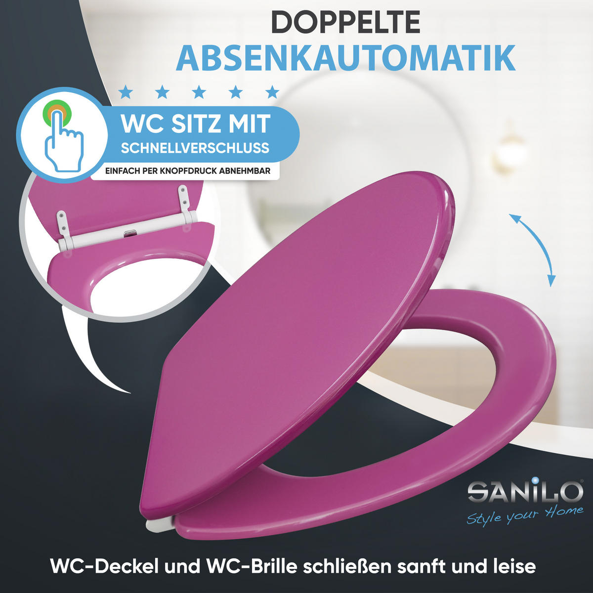 WC-SITZ mit Absenkautomatik & Top Fix Glitzer Pink - Pink, Holzwerkstoff (37.7/5.5/48cm) - Sanilo