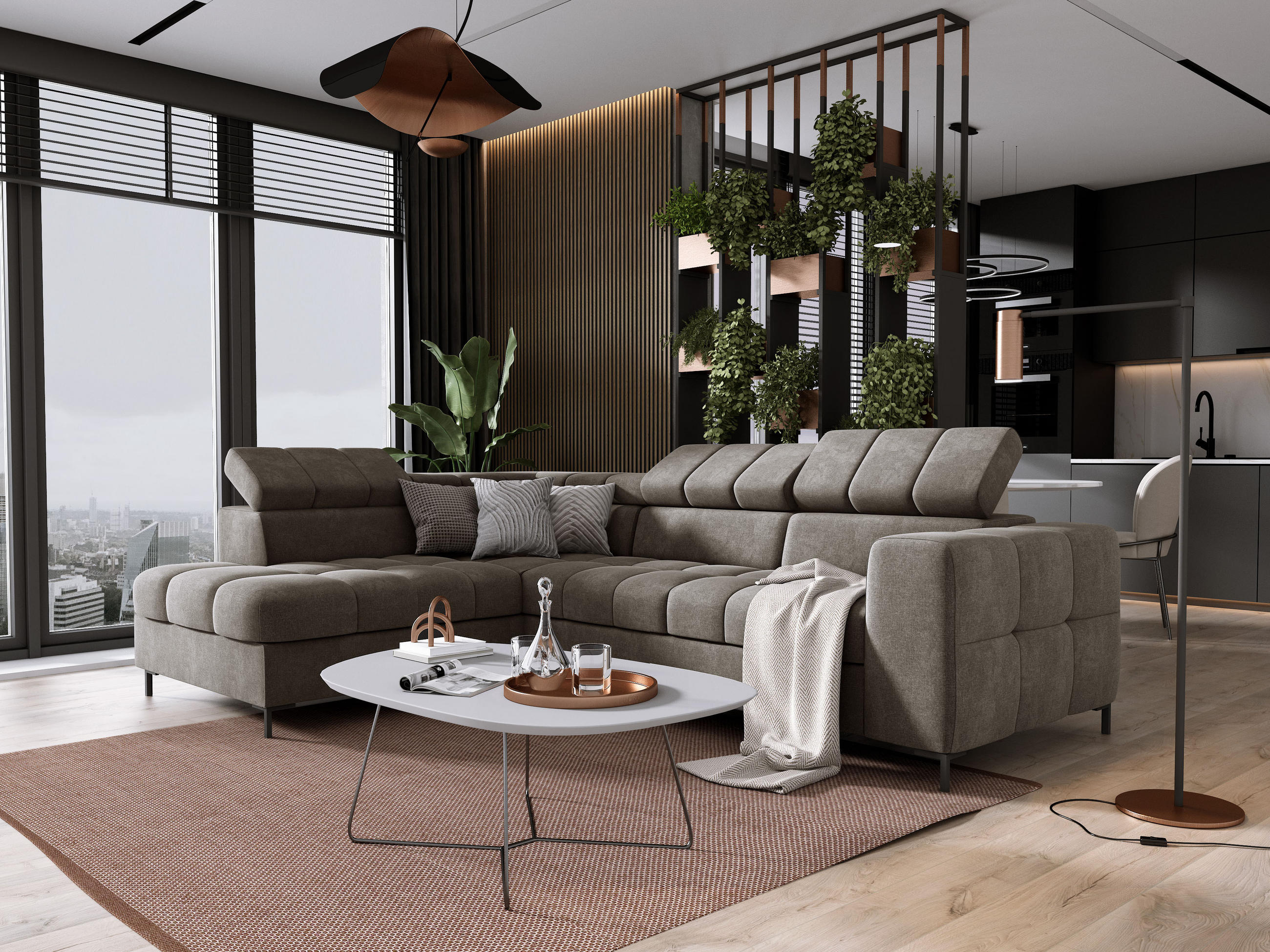 ECKSOFA PABLO VOGUE L-förmig mit Bett Bettkasten verstellbare Kopfstützen weicher Metallfüße freistehend LINKS 201x270x97 cm Stainless steel coloured - Edelstahlfarben, Holz/Textil (201/270cm) - DomoHome