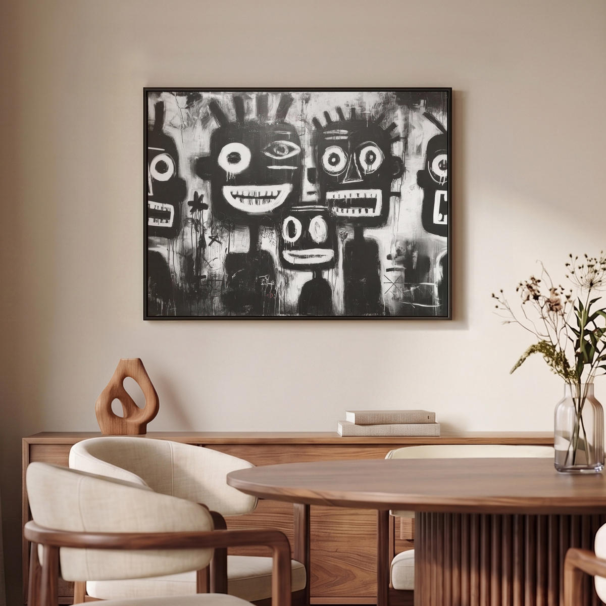 LEINWAND Bilder mit Rahmen - Malerei - Figuren - Schwarz - Abstrakt - 80x60 - Schwarz, Textil (80/60cm) - MuchoWow